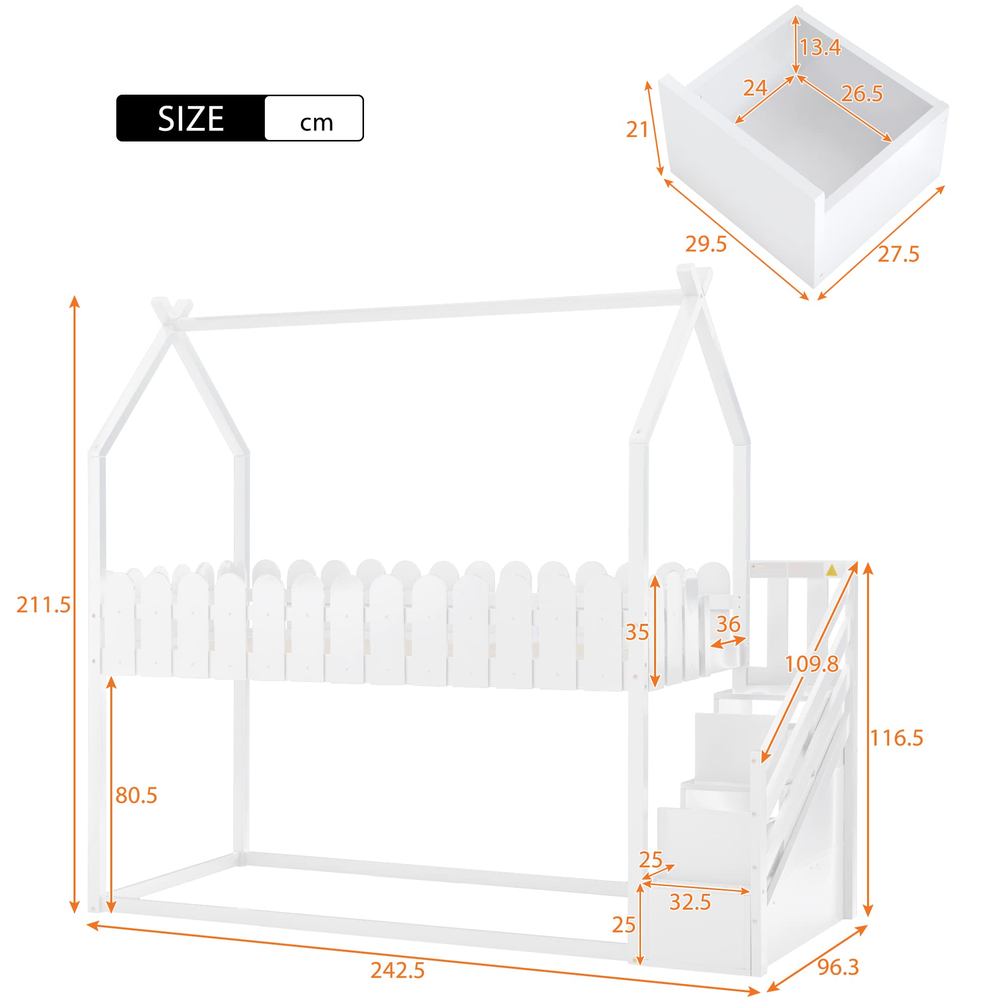 Dolamaní Letto Soppalco Casa 90x200 Legno con Scale e Cassetti