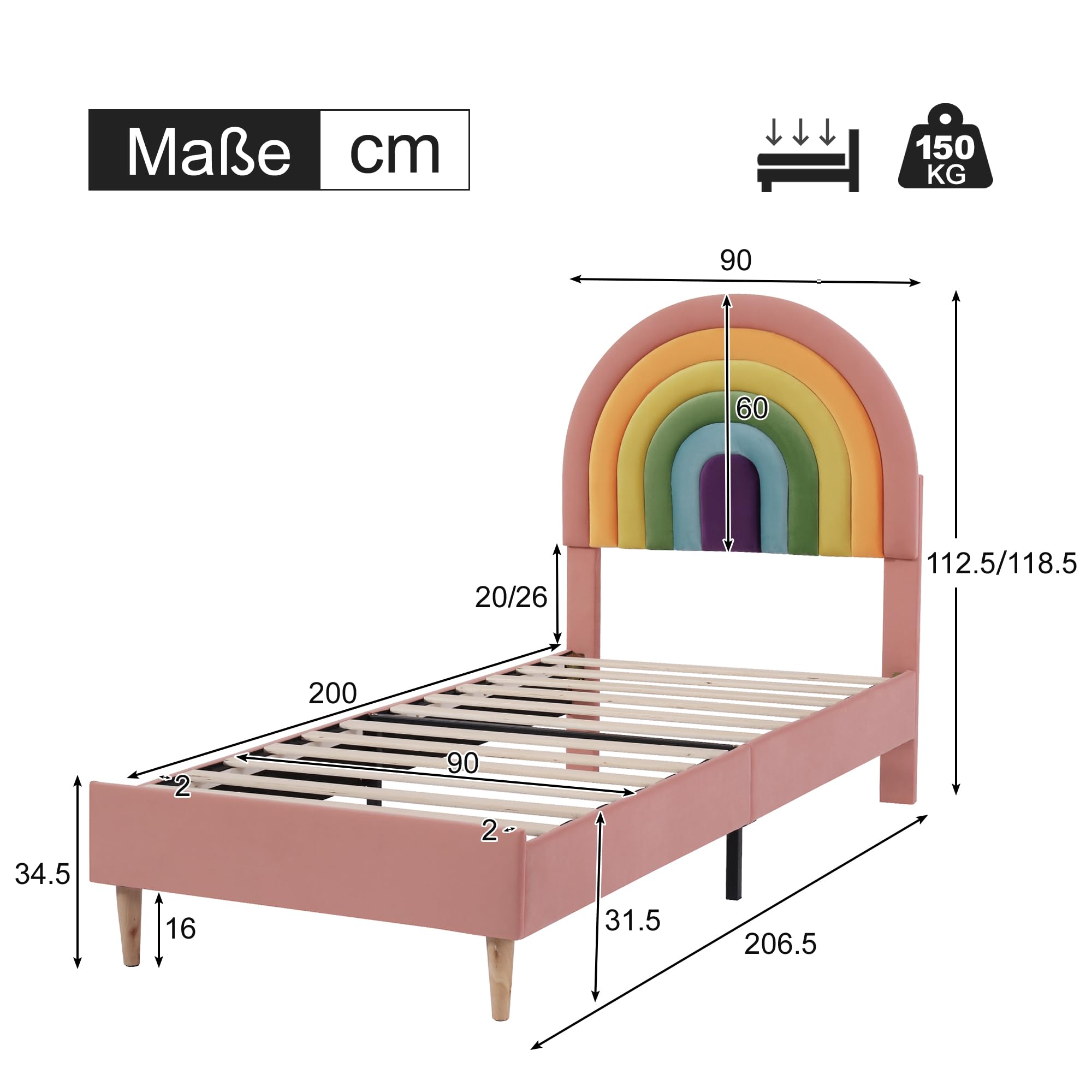 Dolamaní Letto Imbottito 90x200 Velluto Rosa con Rete Doghe