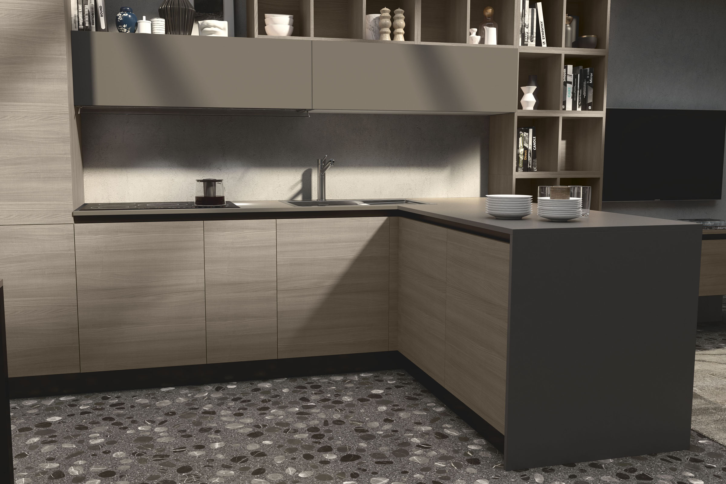S75 Spot Irma cucina con penisola Olmo Light e Creta