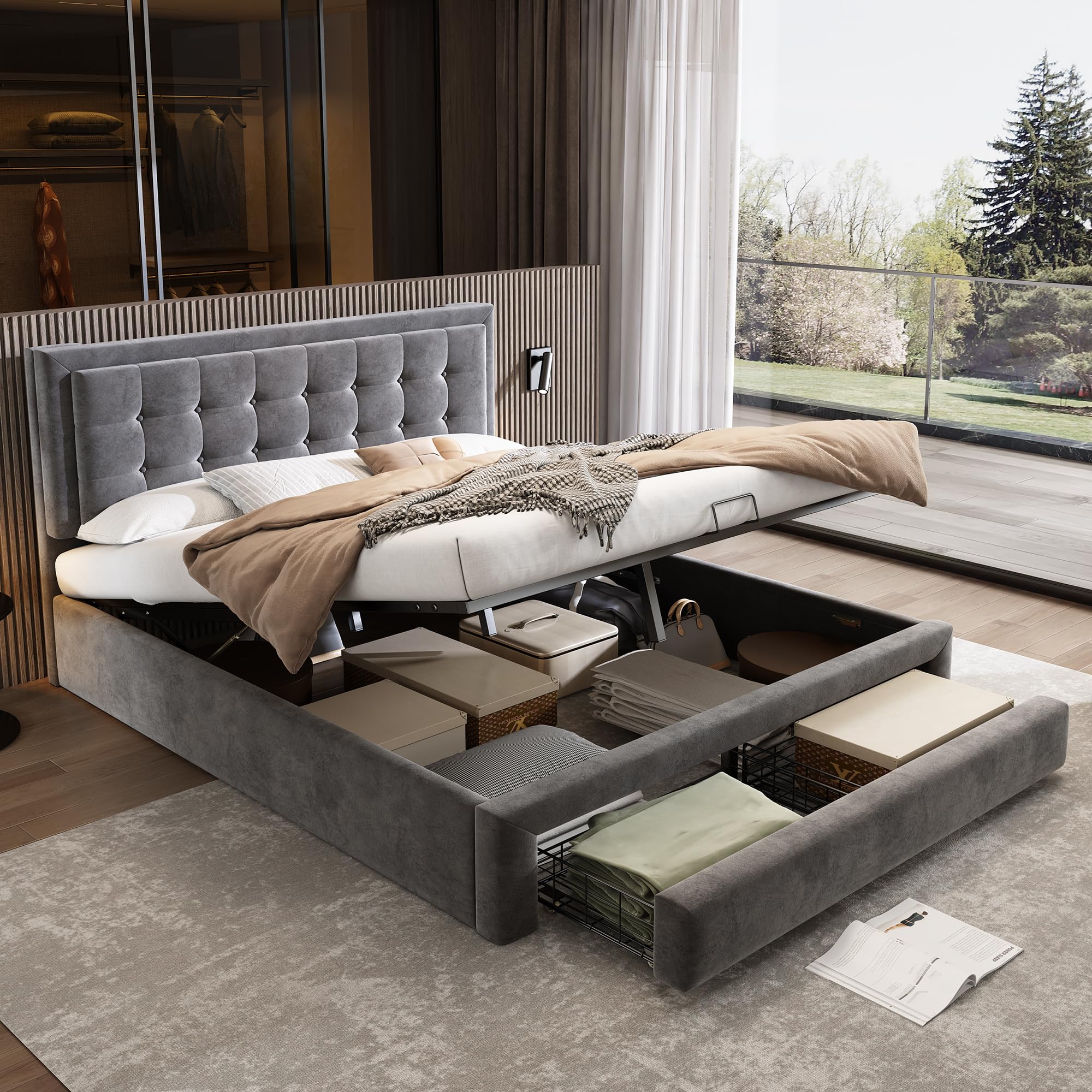 Dolamaní Letto Imbottito Grigio 180x200 Contenitore Tessuto