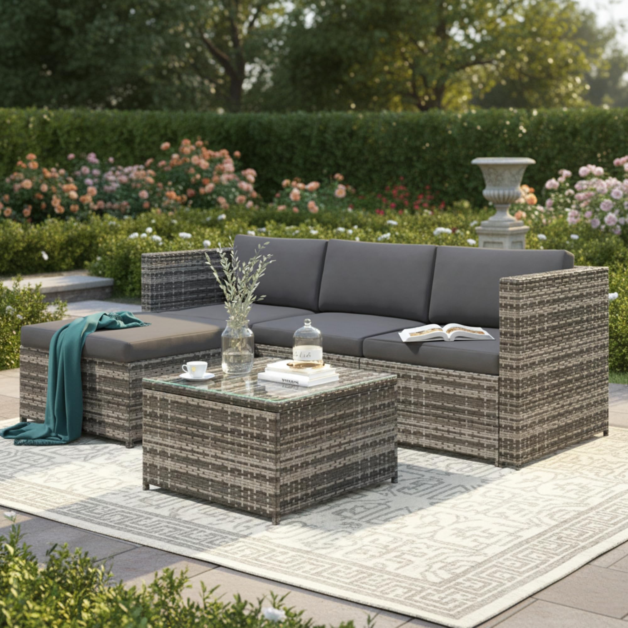 Dolamaní Set Mobili Giardino Rattan Grigio con Tavolo Vetro