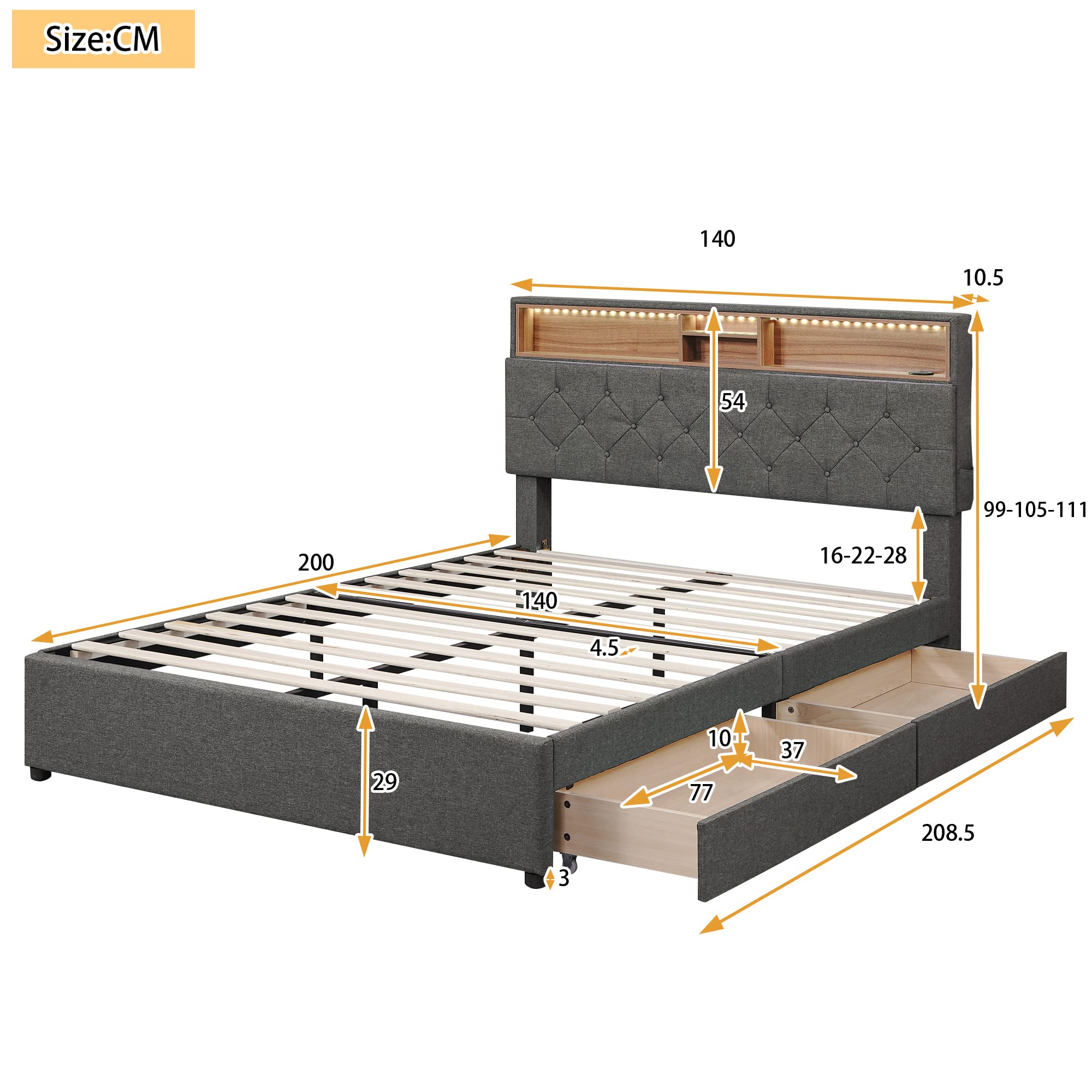 Dolamaní Letto Matrimoniale 140x200 Grigio con 2 Cassetti