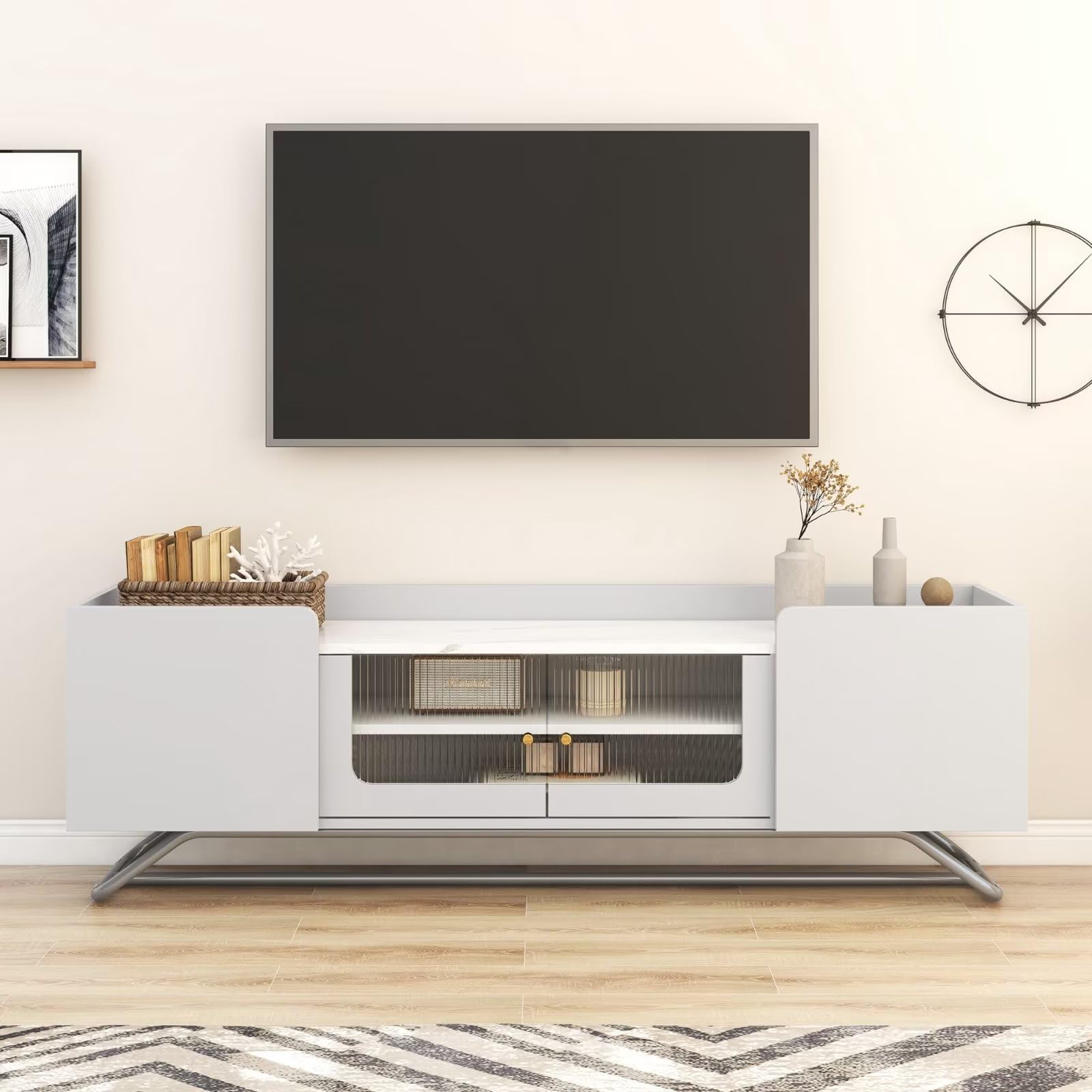 Dolamaní Mobile TV 150 cm Bianco Ante Vetro Effetto Marmo
