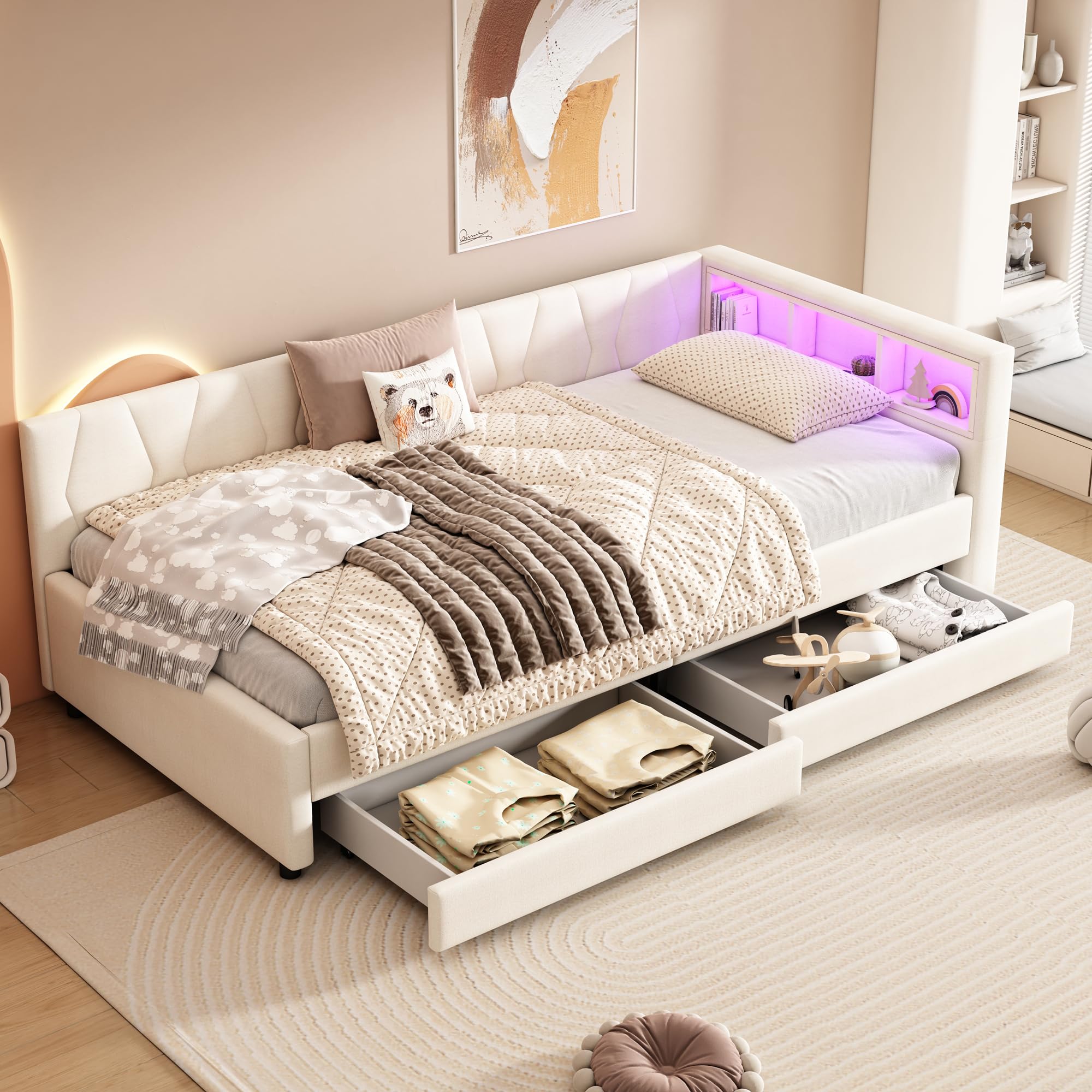Dolamaní Letto Beige A 90x200 con Cassetti LED Lino