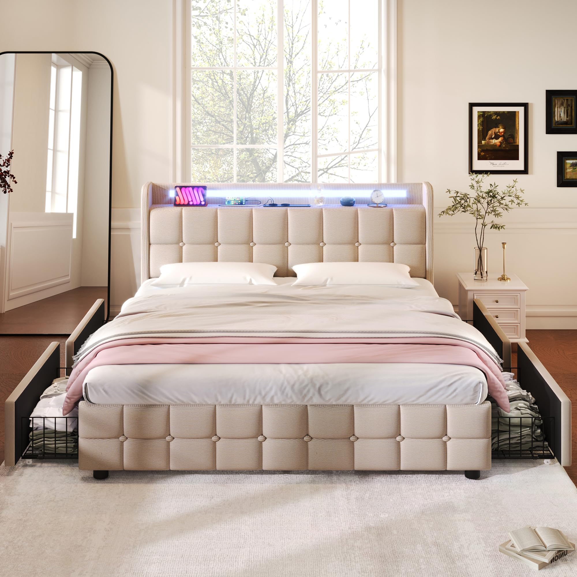 Dolamaní Letto Matrimoniale 180x200 Beige 4 Cassetti imbottito