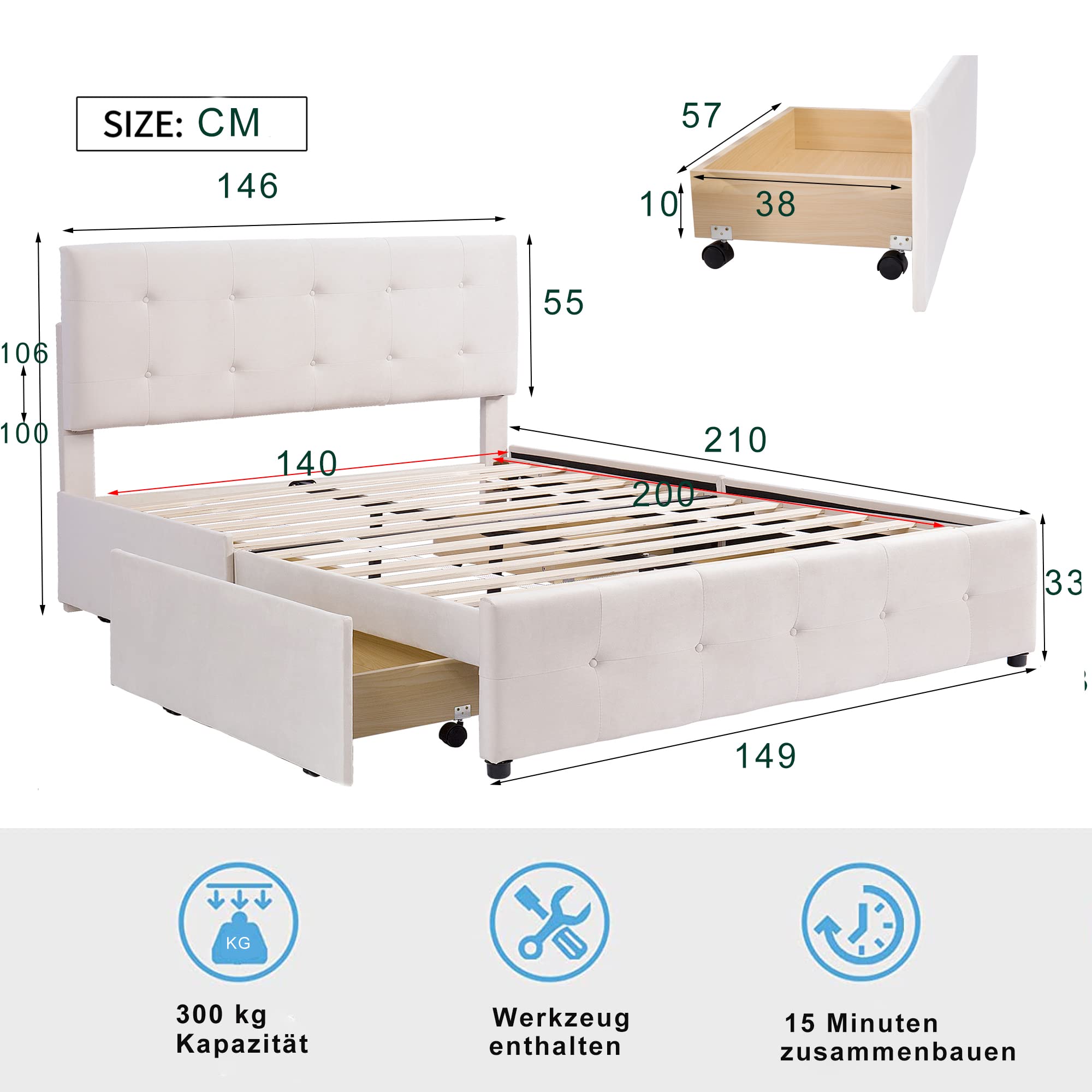 Dolamaní letto matrimoniale beige 140x200 4 cassetti