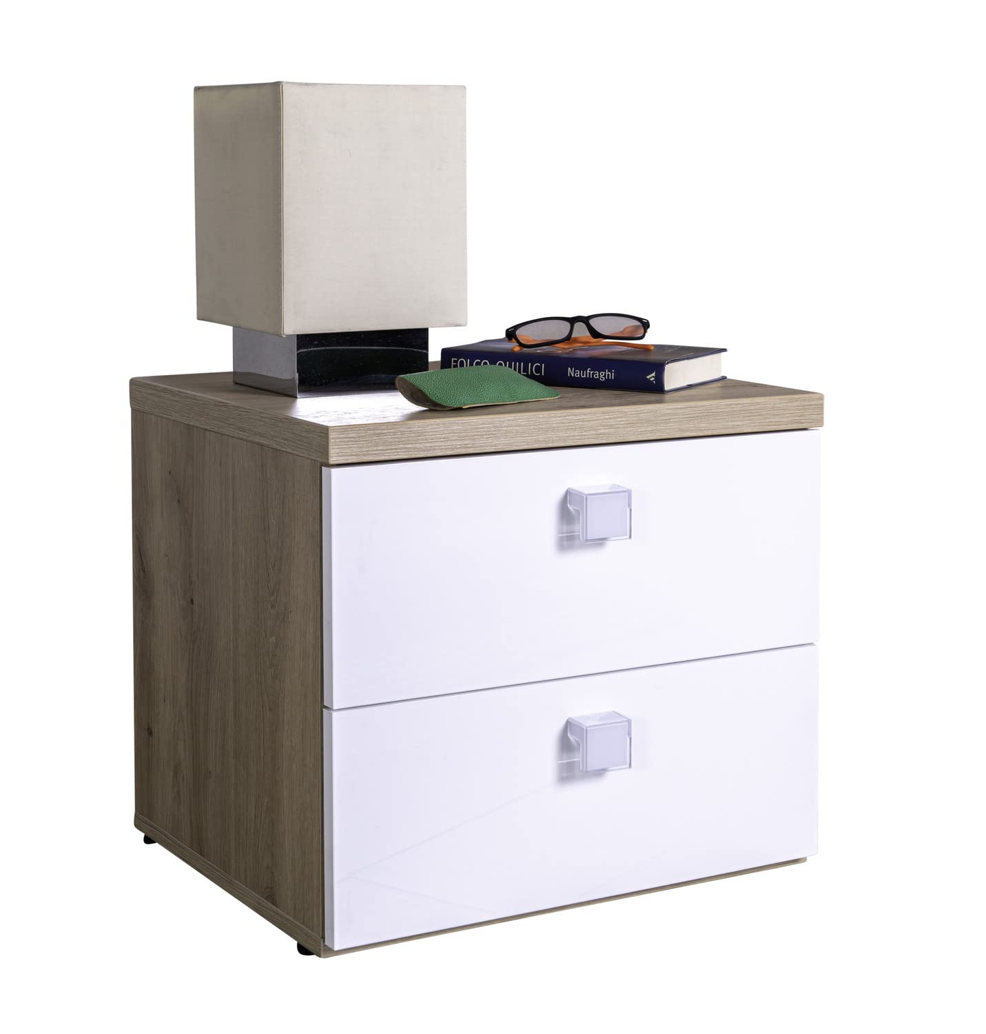 Composad Globo comodino 2 cassetti rovere bianco