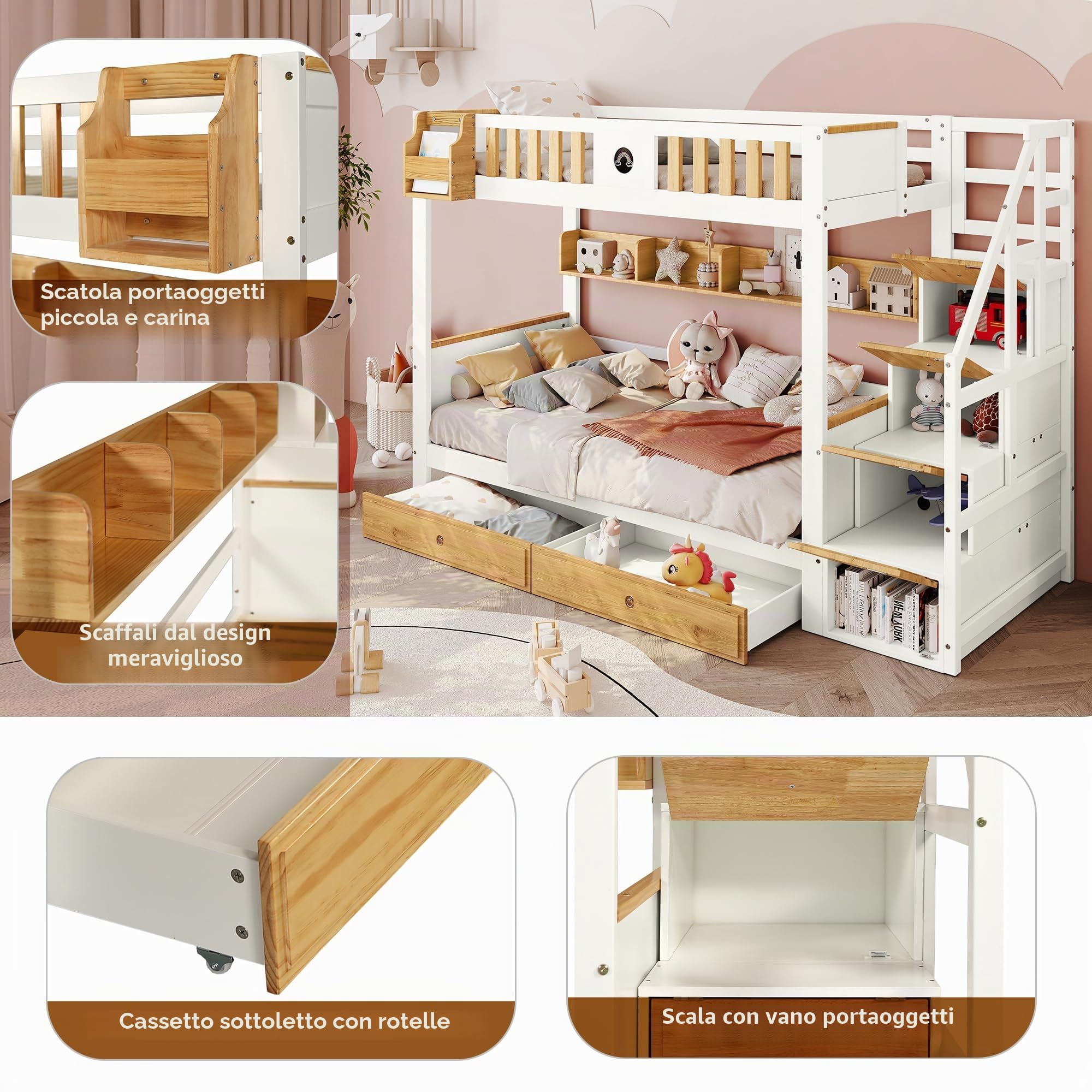 Dolamaní Letto a Castello 90x200 Scala 4 Vani Bianco Naturale