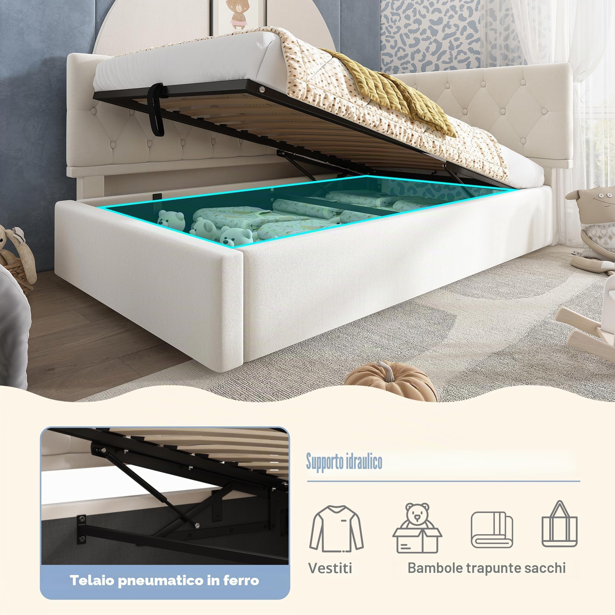 Dolamaní Letto Contenitore 90x200 Velluto Beige con Rete