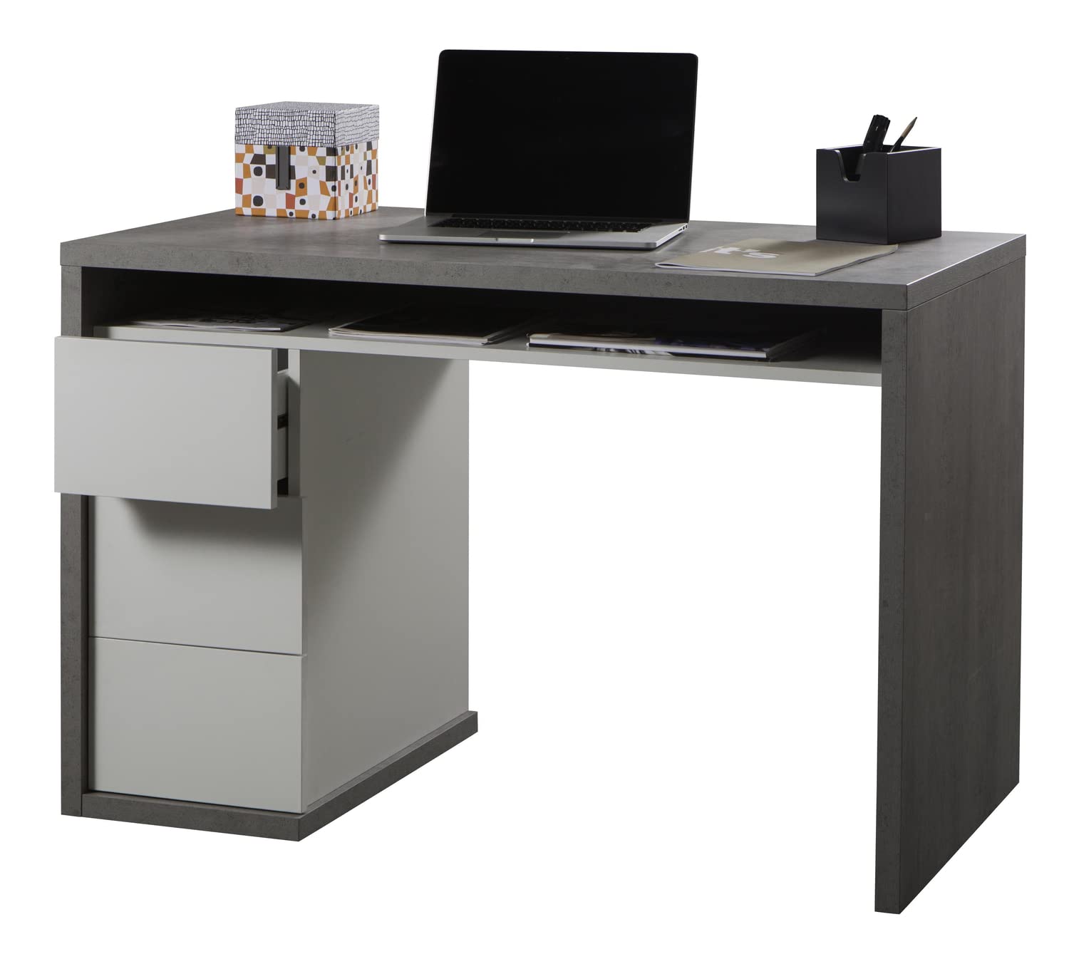 Composad Moneta Scrivania 3 Cassetti Cemento Bianco 110 cm