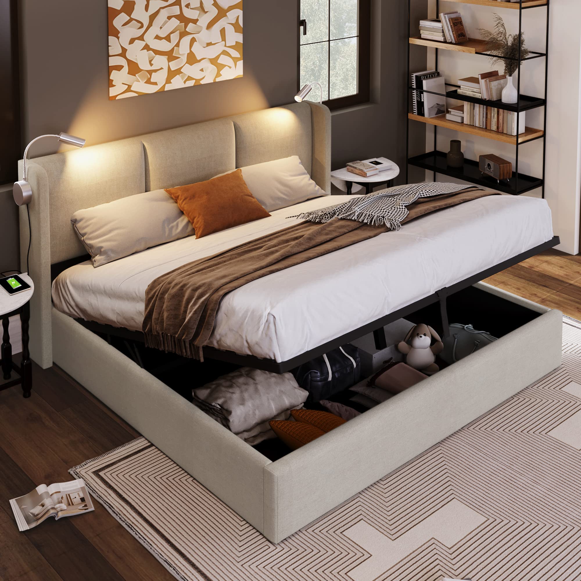 Dolamani letto imbottito beige 140x200 con contenitore in lino
