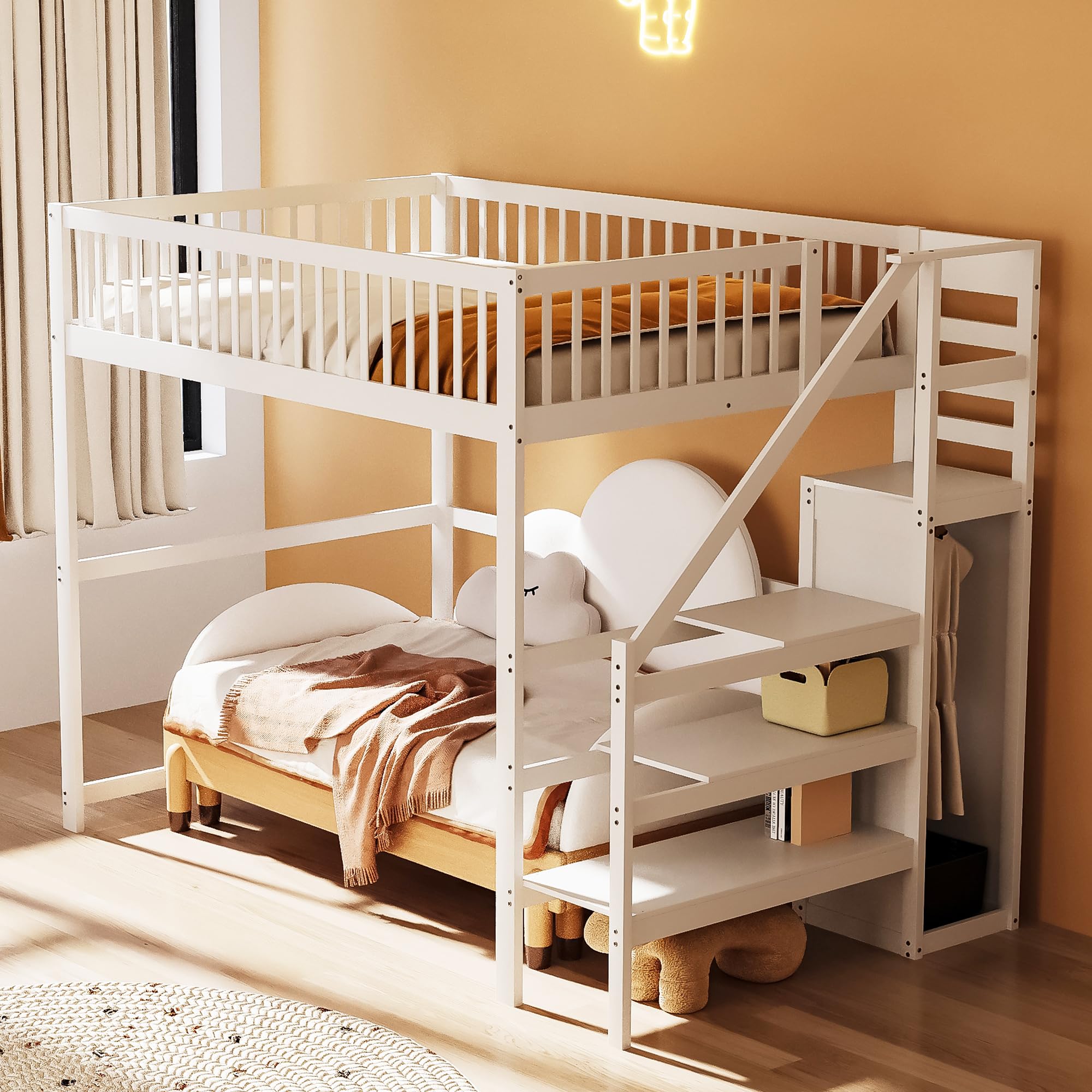 Dolamani letto a soppalco bianco 140x200 in pino con scala