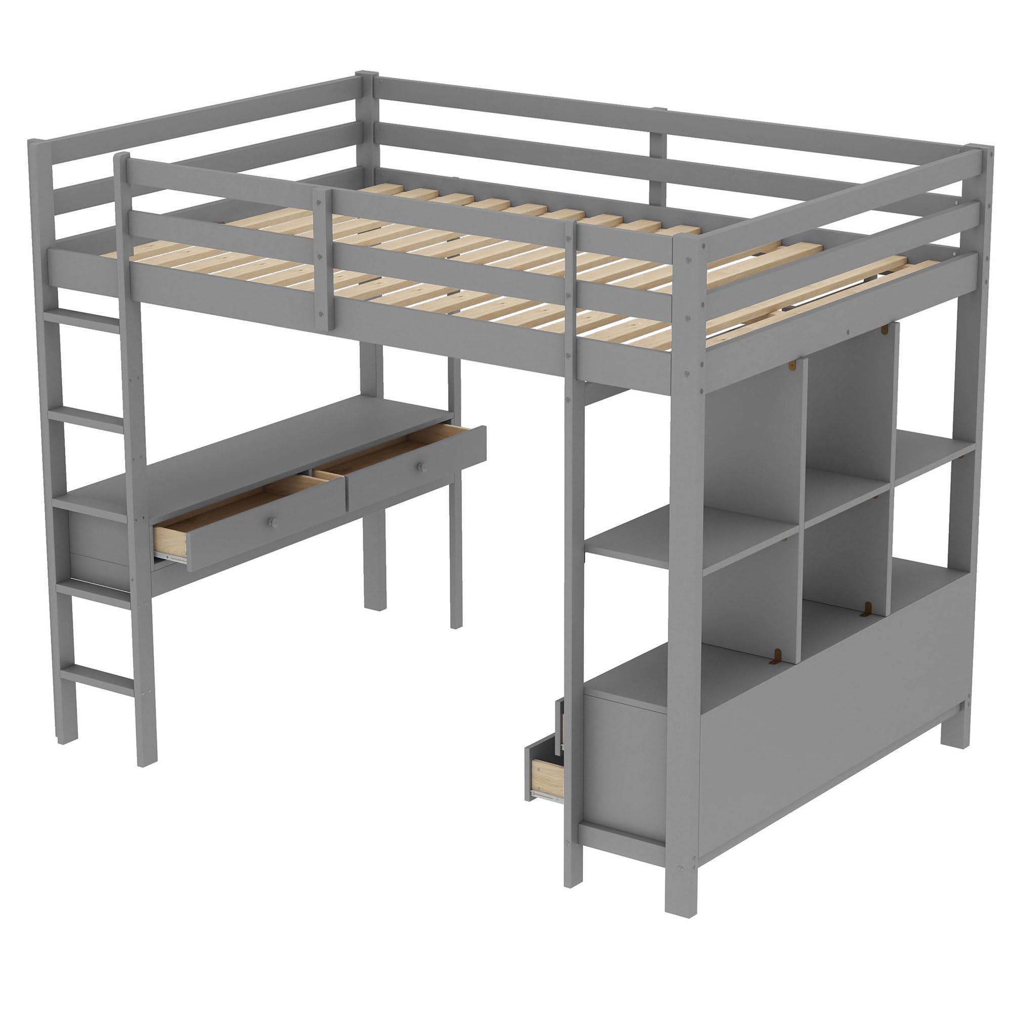 Dolamaní Letto Soppalco 140x200 Grigio con Scrivania e Cassetti