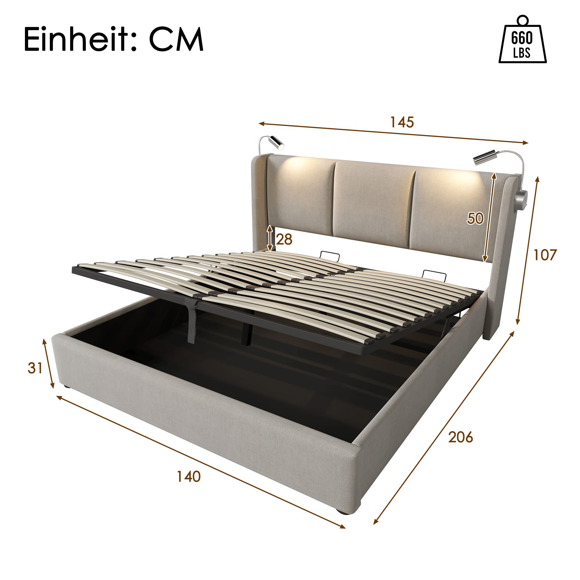 Dolamani letto imbottito beige 140x200 con contenitore in lino