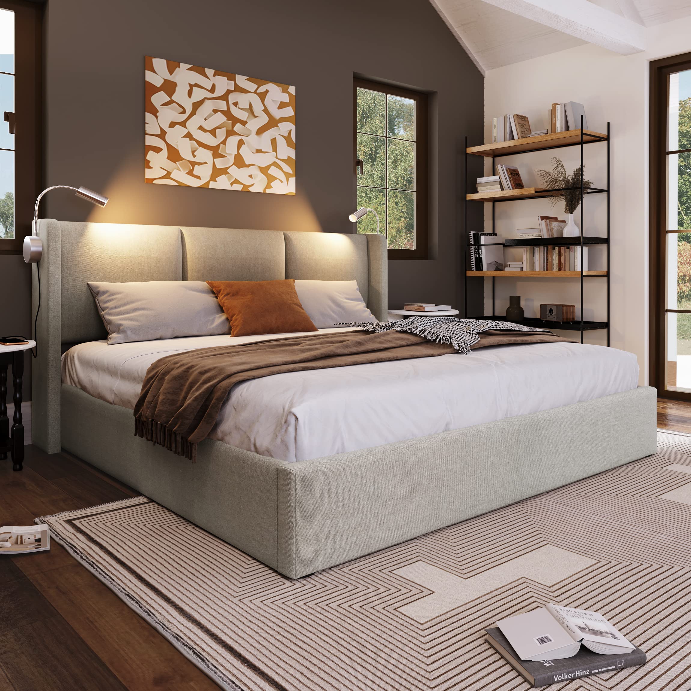 Dolamani letto imbottito beige 140x200 con contenitore in lino