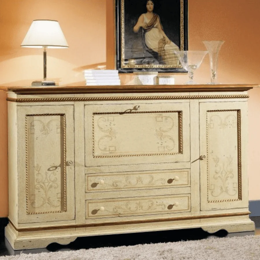 EPOCANTICA Credenza Decorata Foglia Oro 196 cm avorio