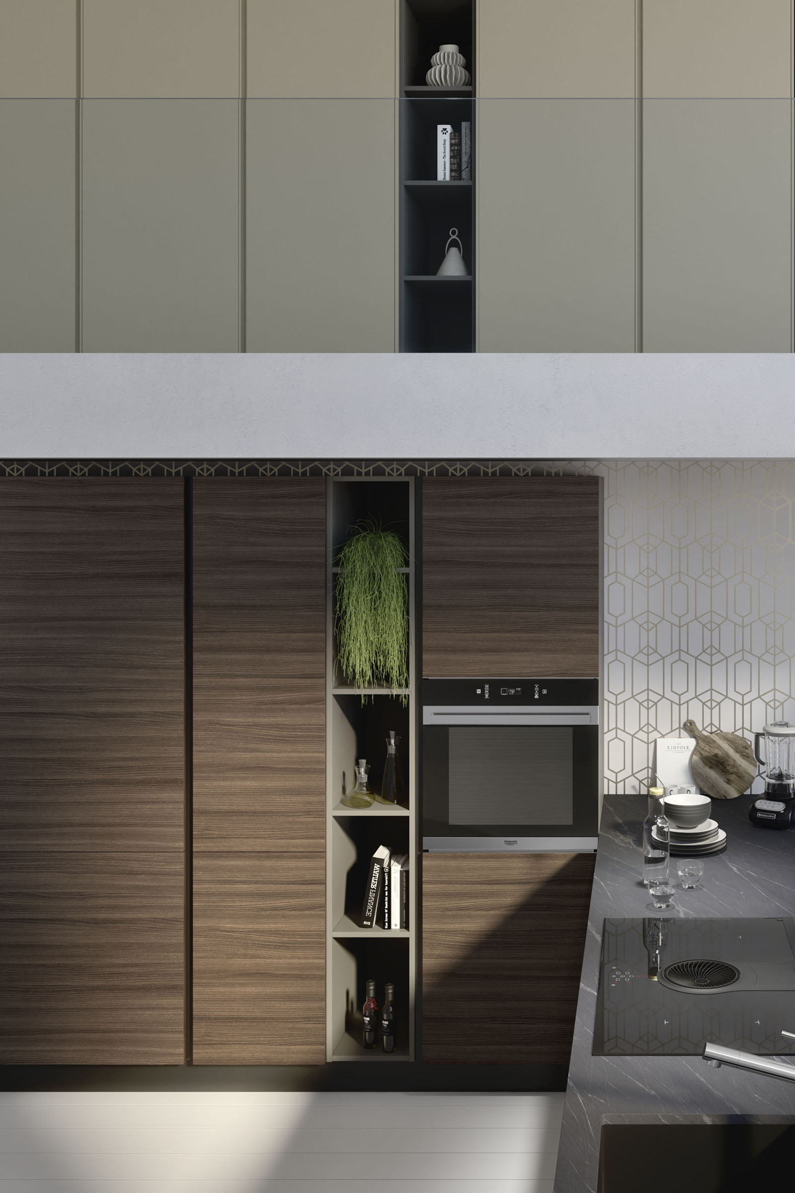 S75 Supreme Ingrid cucina con penisola Olmo Dark e Creta