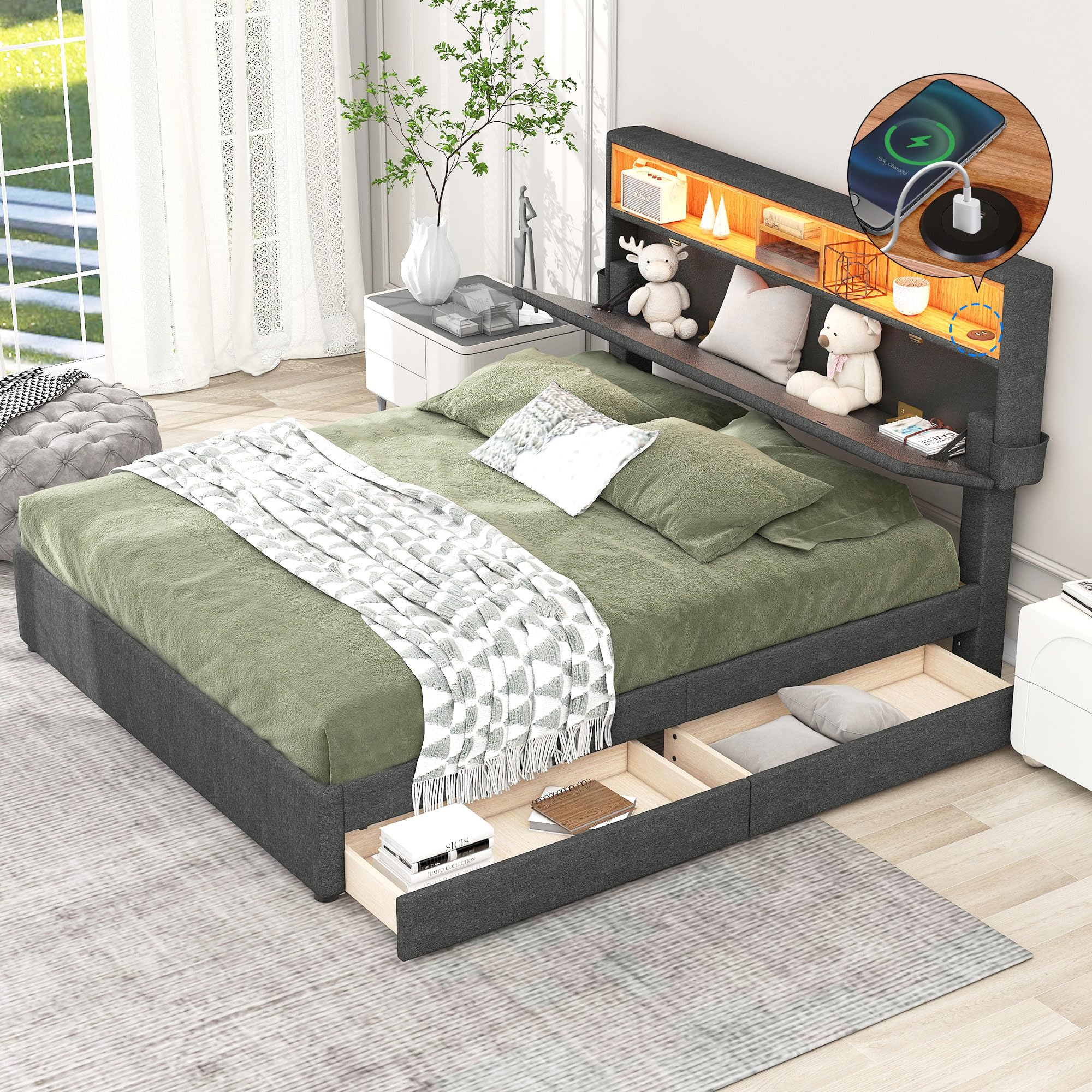 Dolamaní Letto Matrimoniale 140x200 Grigio con 2 Cassetti