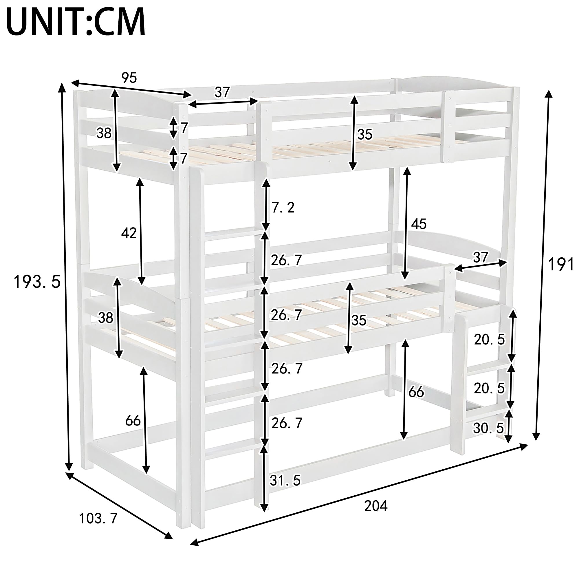 Dolamaní Letto a Castello Triplo 90x200 Bianco in Pino