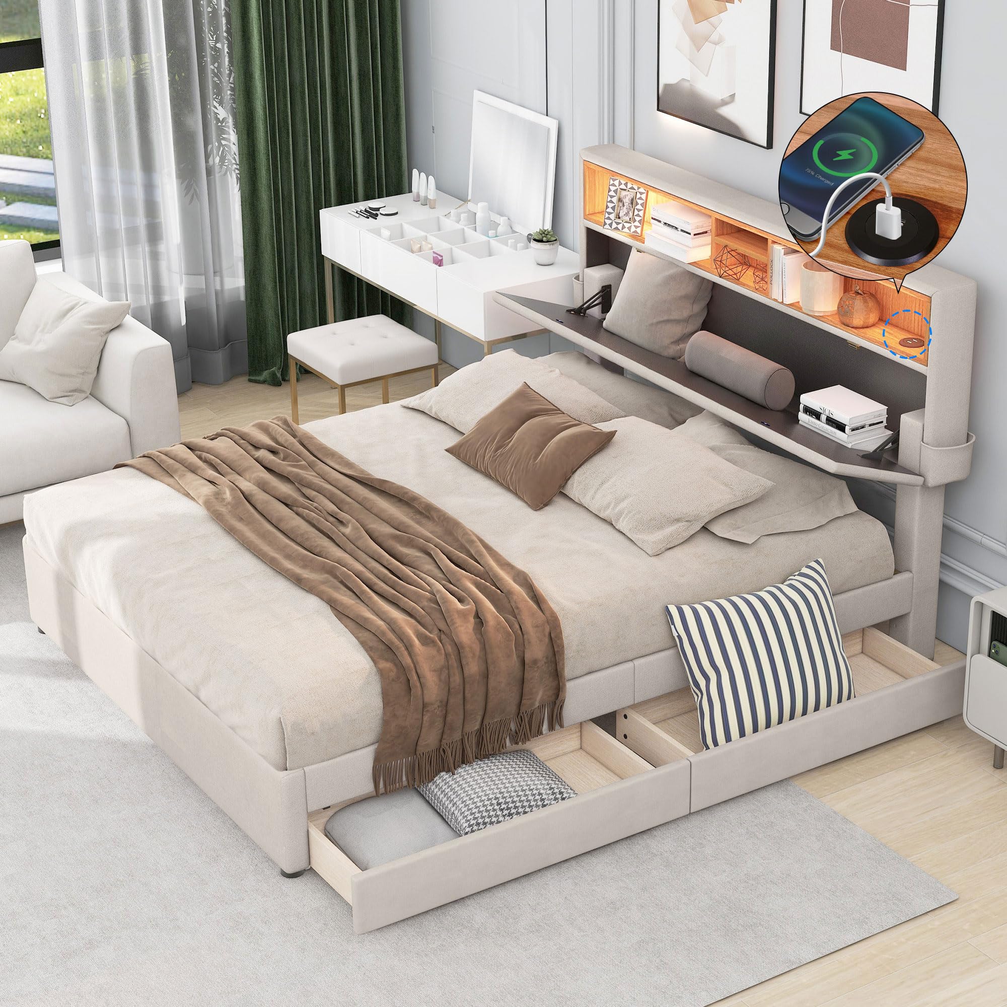 Dolamaní Letto Matrimoniale 140x200 Beige con 2 Cassetti