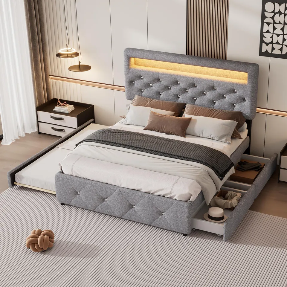 Dolamaní Letto 140x200 Grigio con Estraibile 90x190 e Cassetti