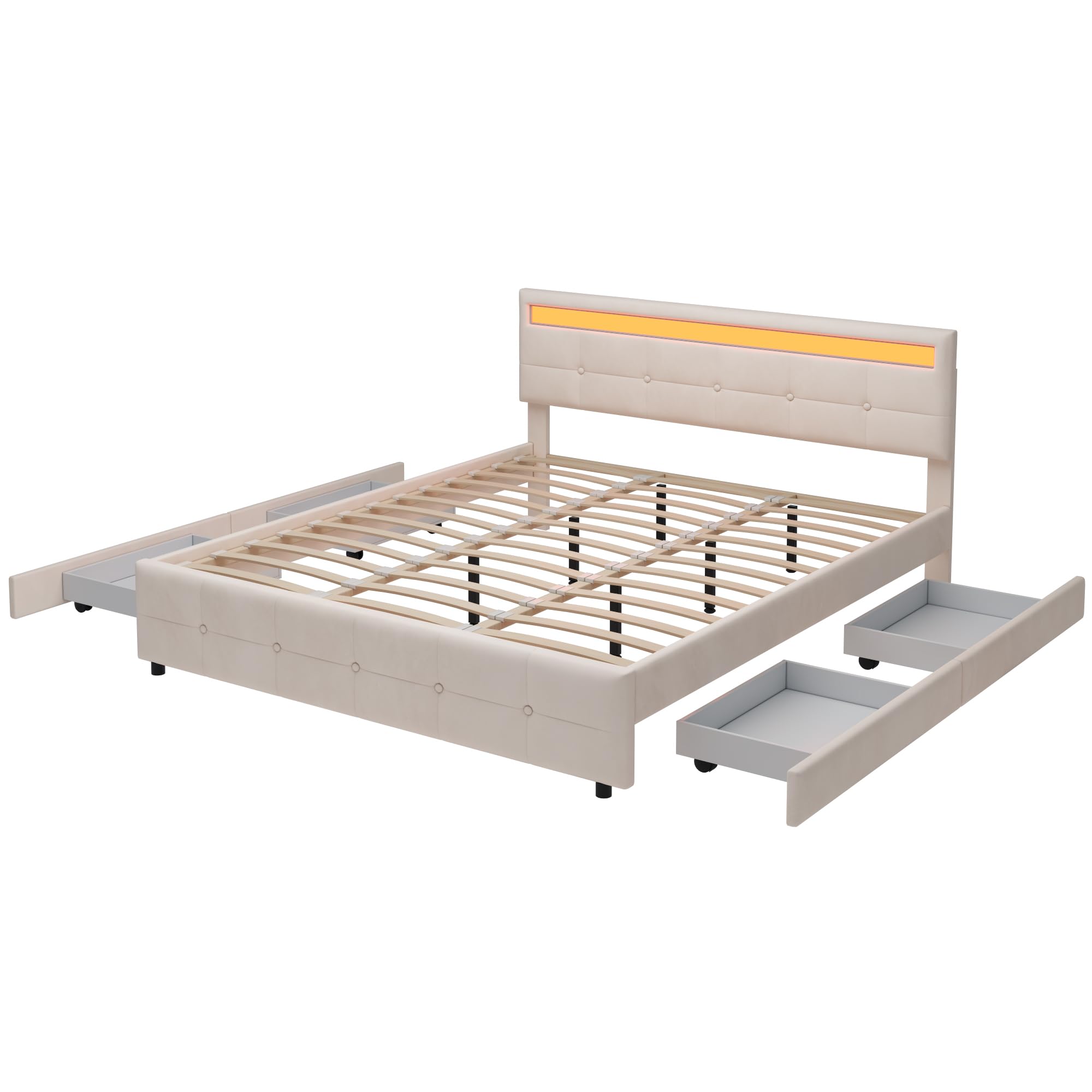 Dolamaní Letto imbottito in velluto 180x200 beige 4 cassetti