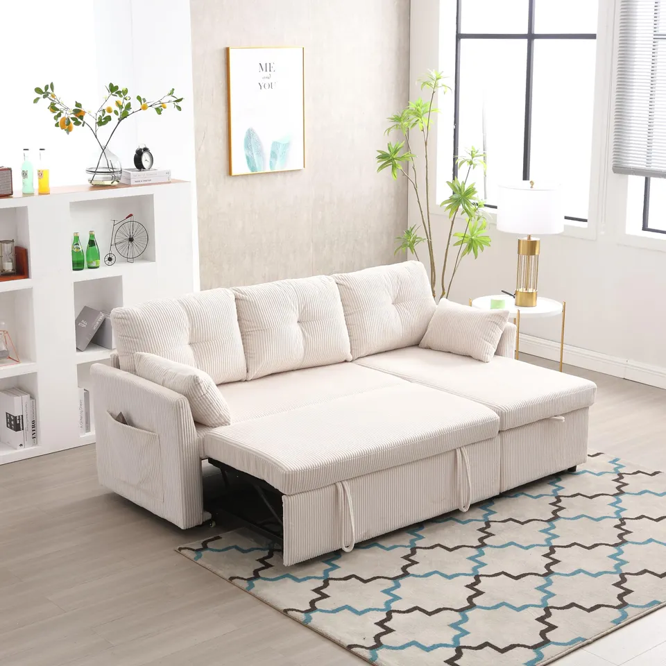 Dolamaní Divano Letto a L Beige in Velluto con Contenitore