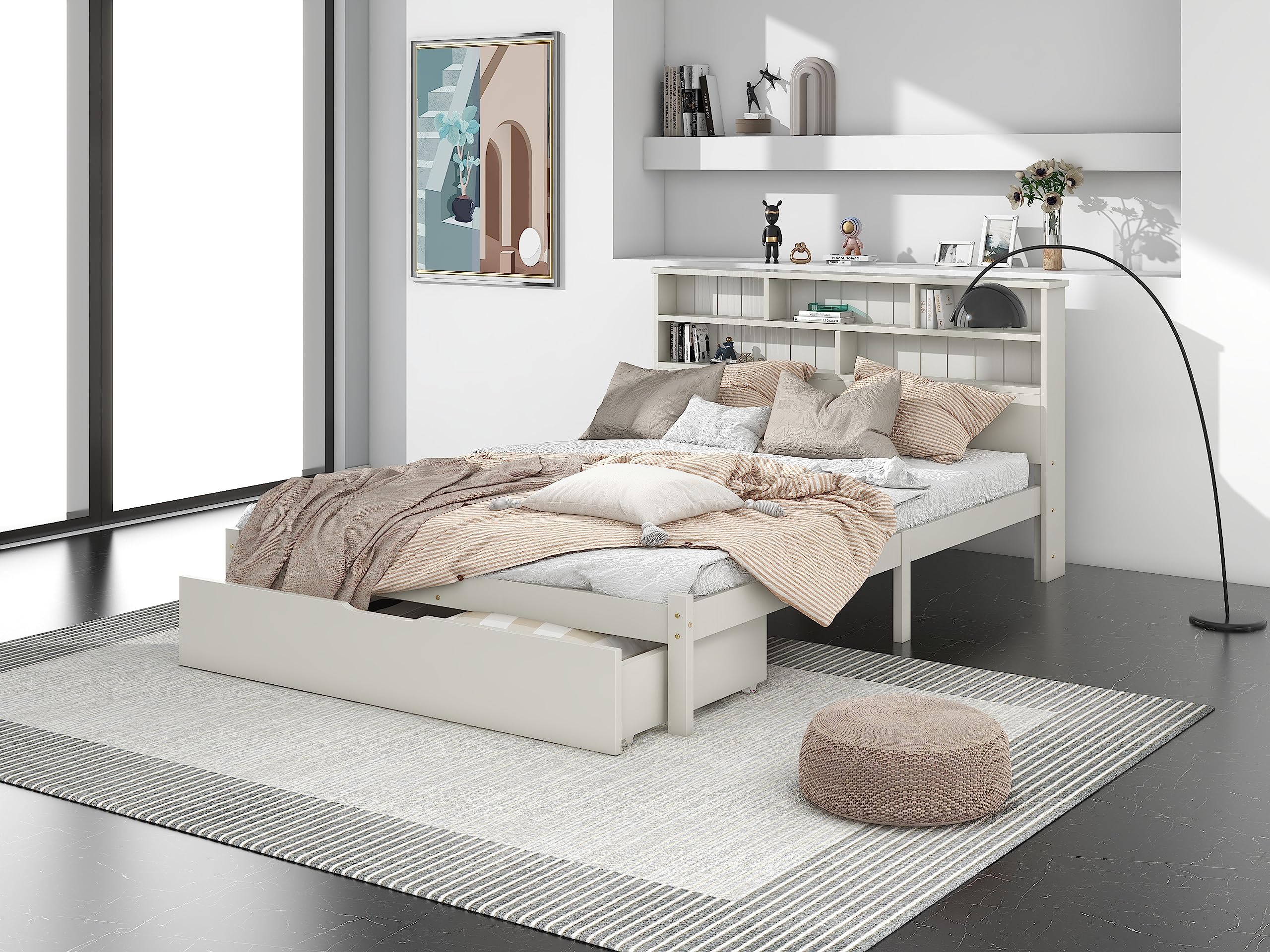 Dolamaní Letto Bianco 140x200 con Cassetti Legno Libreria