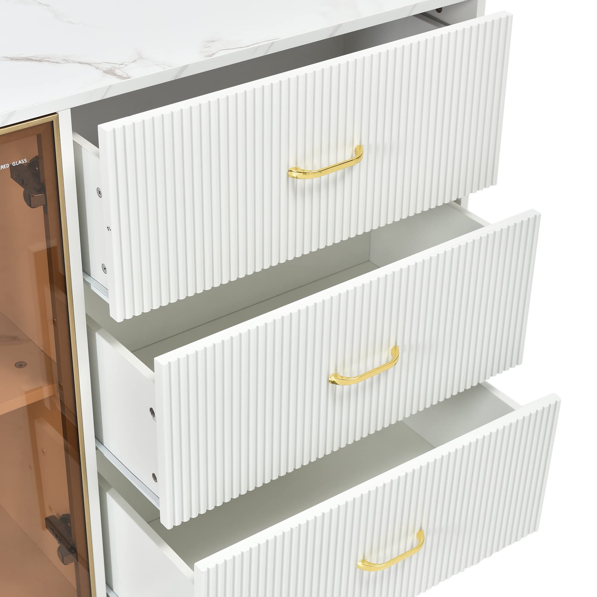 Dolamaní Credenza 150 cm bianca ante vetro marrone 3 cassetti