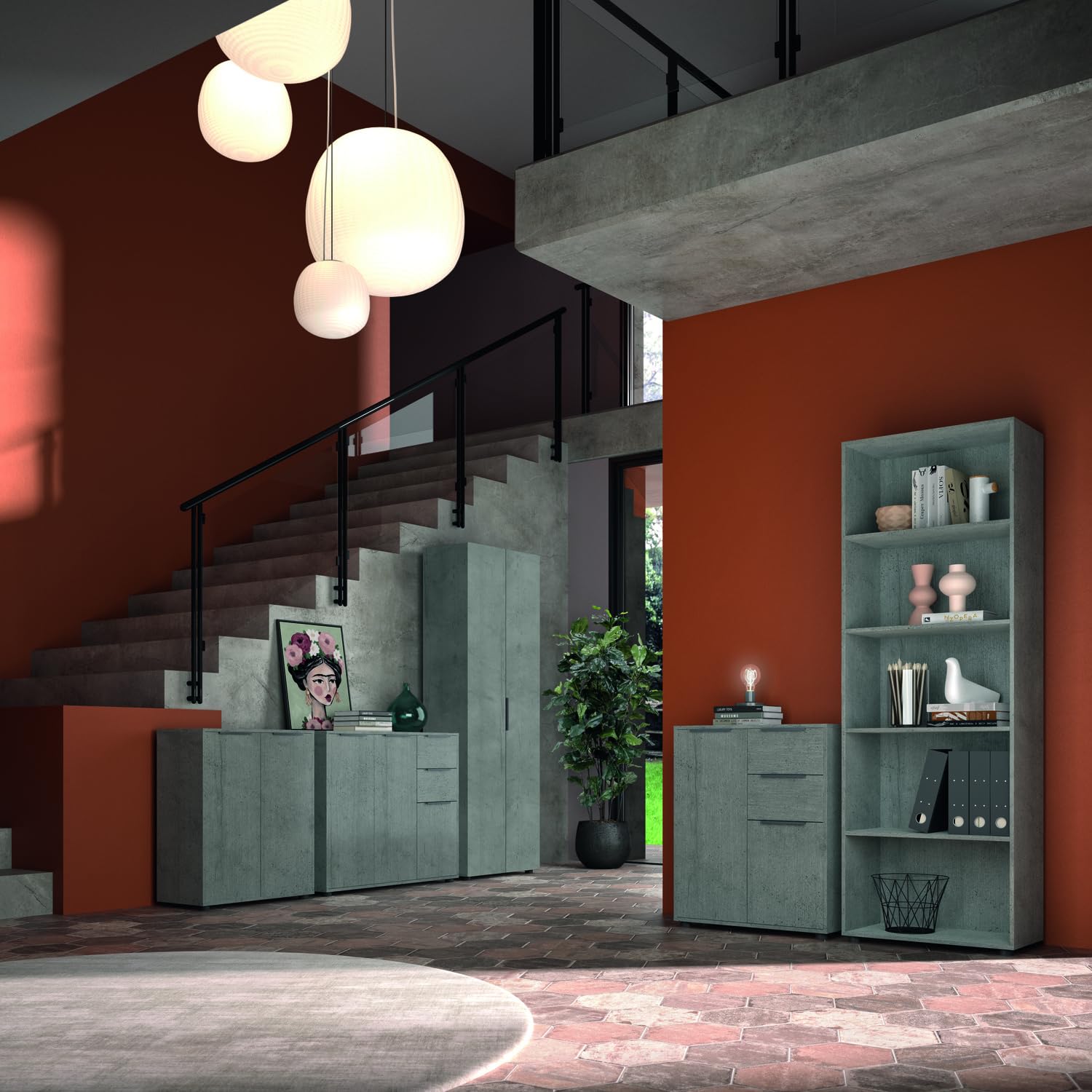 Composad Espresso libreria 4 ripiani grigio cemento 200 cm