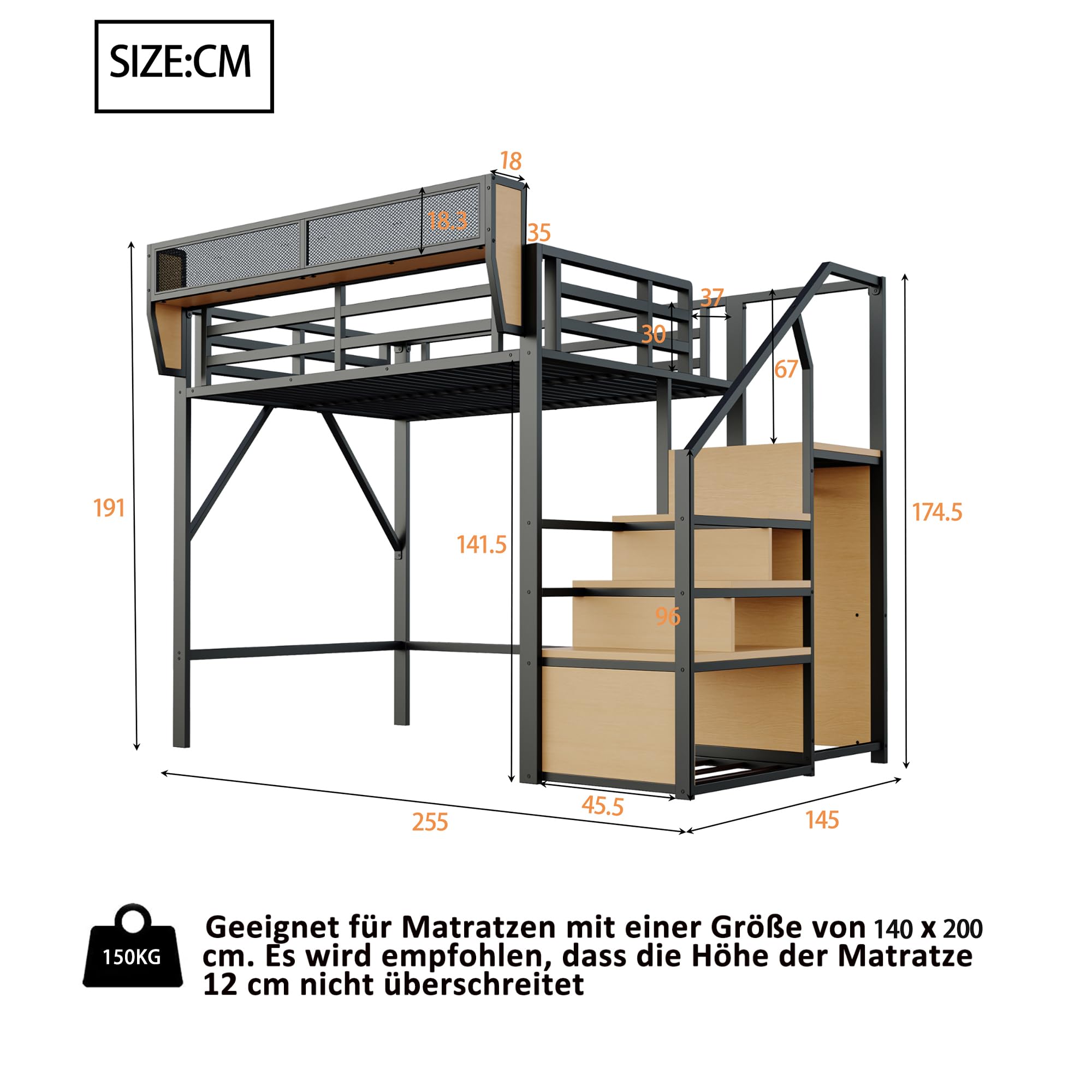 Dolamaní Letto a Soppalco 140x200 Metallo Nero