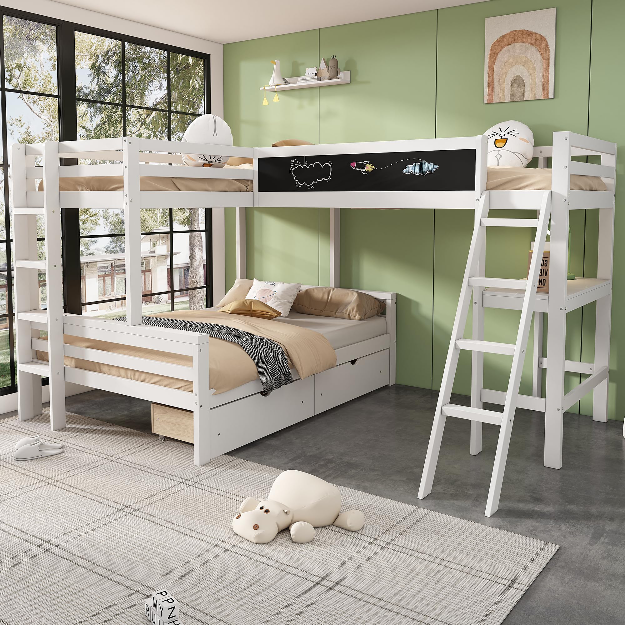 Dolamaní Letto a castello triplo bianco 90x200+140x200 con scrivania