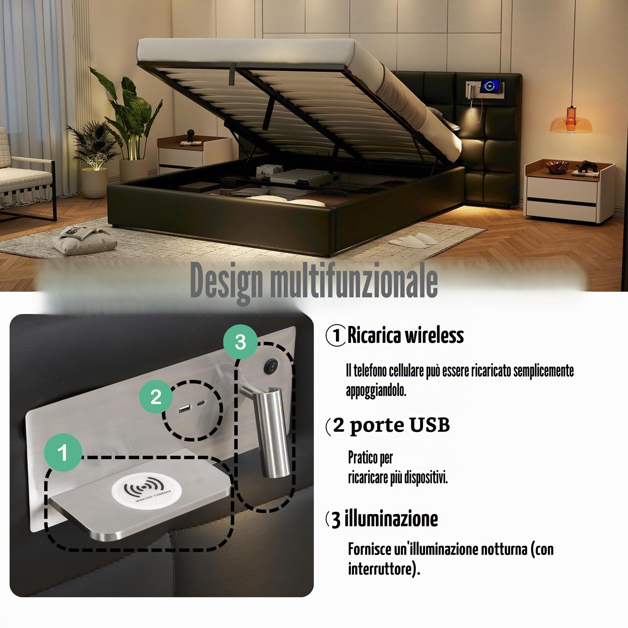 Dolamaní Letto Matrimoniale 180x200 Contenitore Nero
