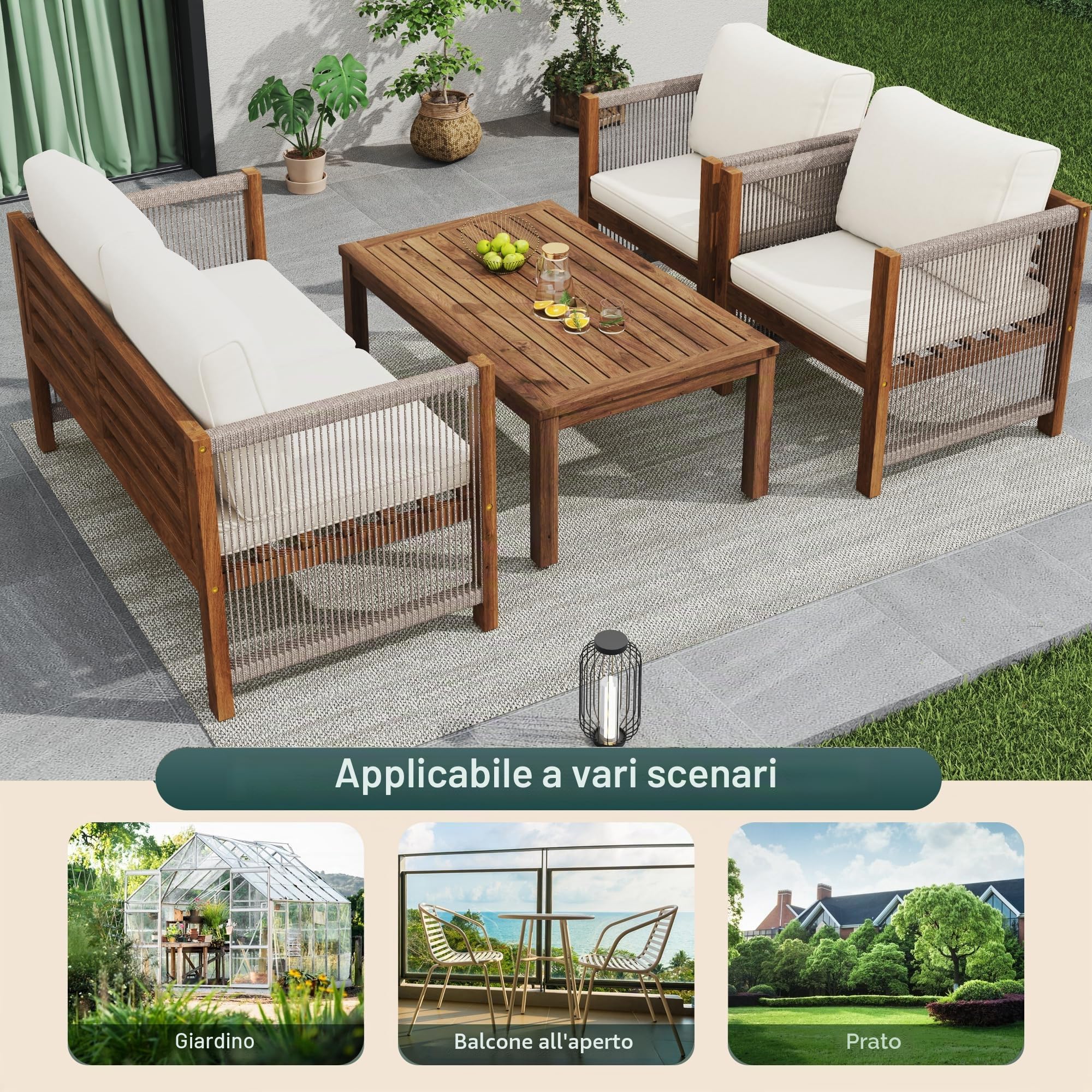 Dolamaní Set Salotto da Giardino Grigio 4 Pezzi Rattan Acacia