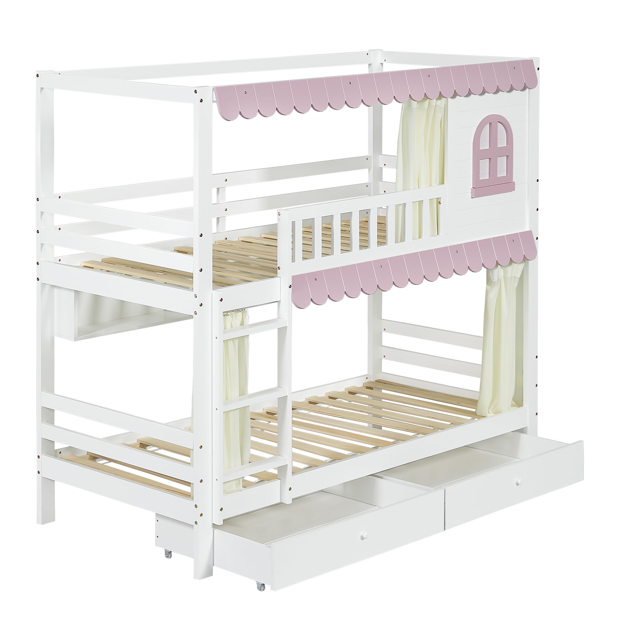 Dalamaní Letto a Castello 90x200 Bianco Rosa con Tenda e Cassetti