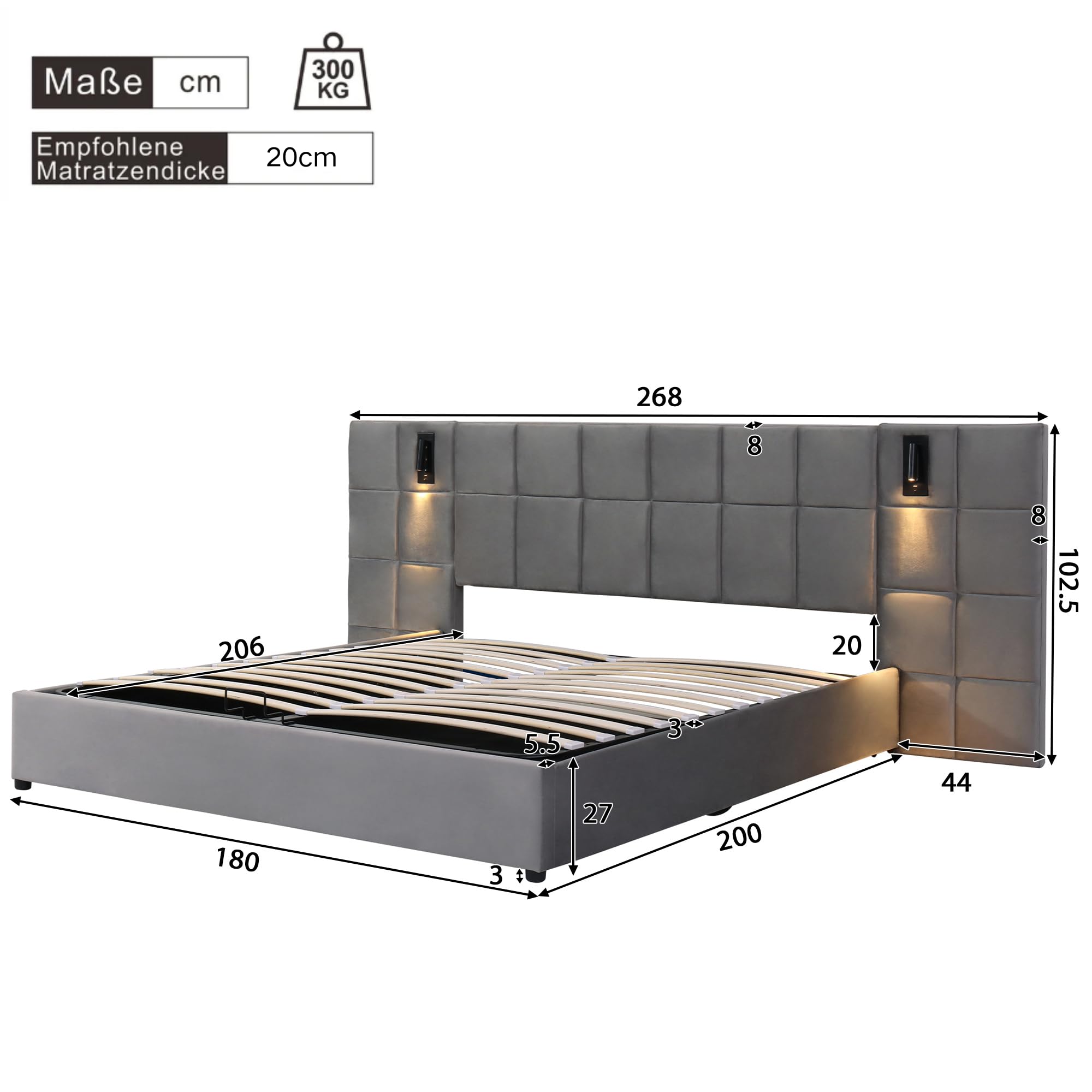 Dolamani letto imbottito contenitore 180x200 grigio velluto