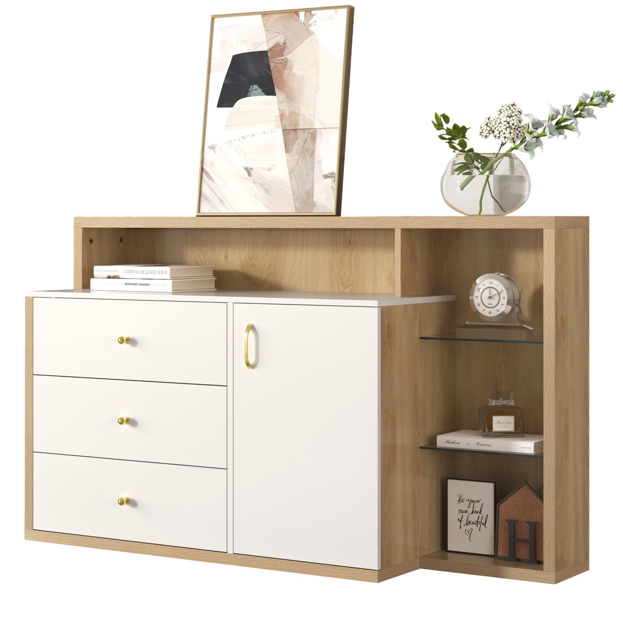 Dolamaní Credenza 140 cm bianca 3 cassetti ante vetro maniglie oro