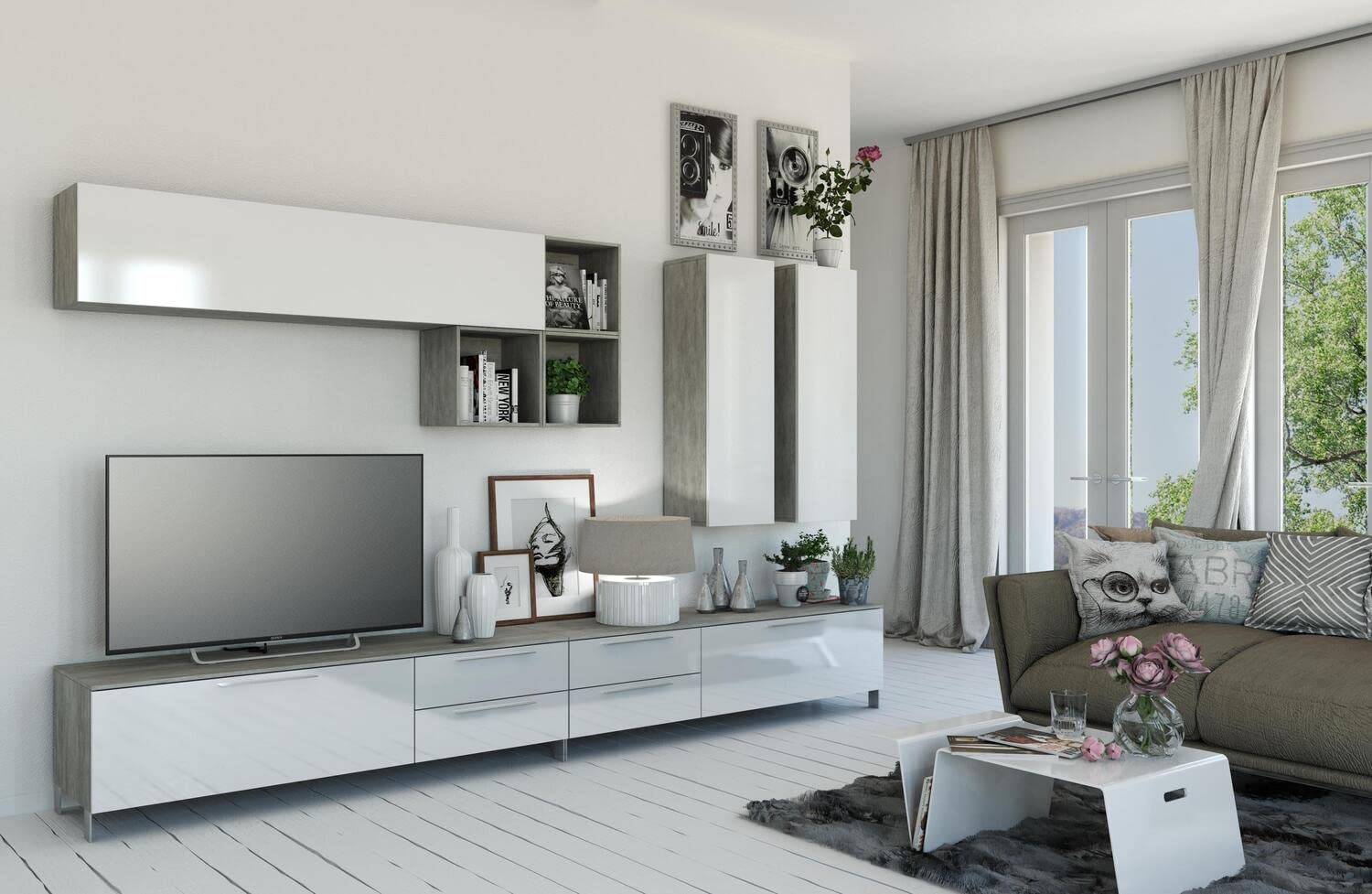 Composad Modello Set 6 Mobili Parete Soggiorno Bianco Cemento