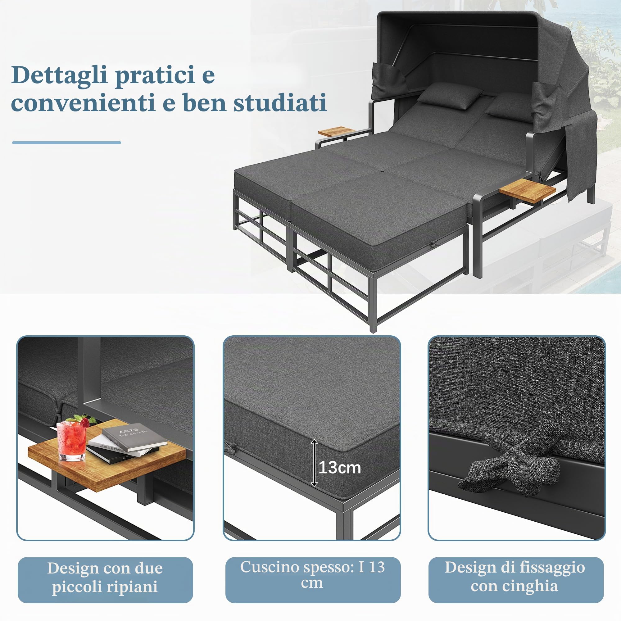 Dolamani divano lounge 2 posti grigio scuro con tettuccio letto