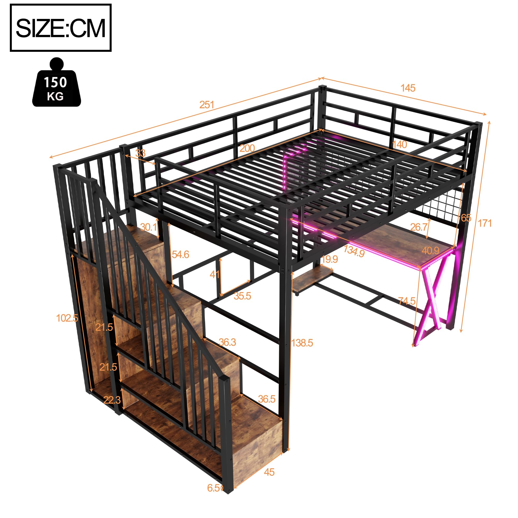 Dolamaní Letto a Soppalco 140x200 Nero con Scrivania e Armadio