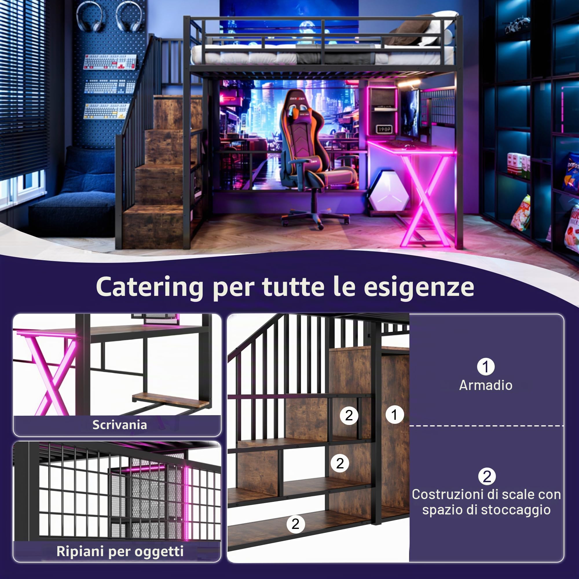 Dolamaní Letto a Soppalco 140x200 Nero con Scrivania e Armadio