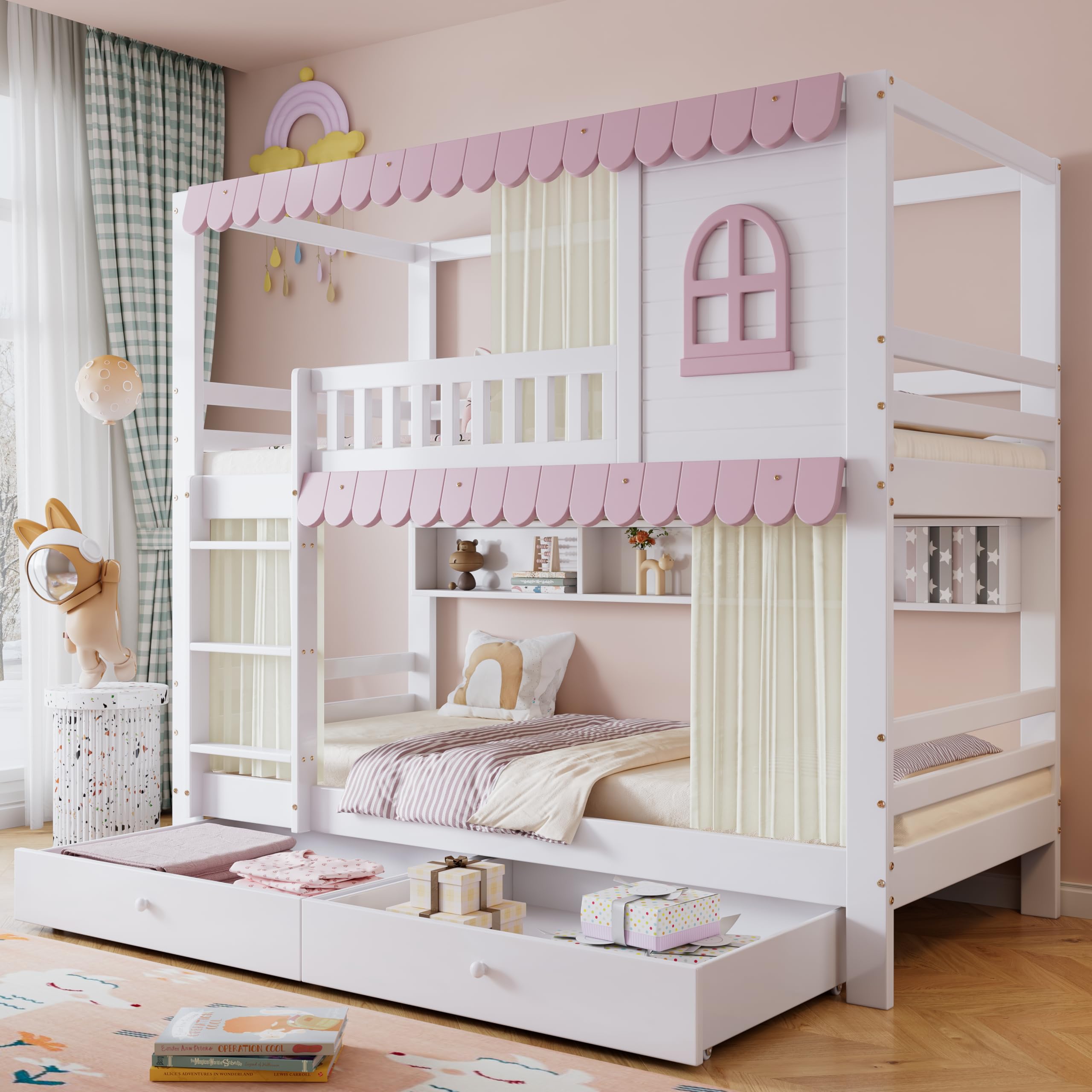 Dalamaní Letto a Castello 90x200 Bianco Rosa con Tenda e Cassetti