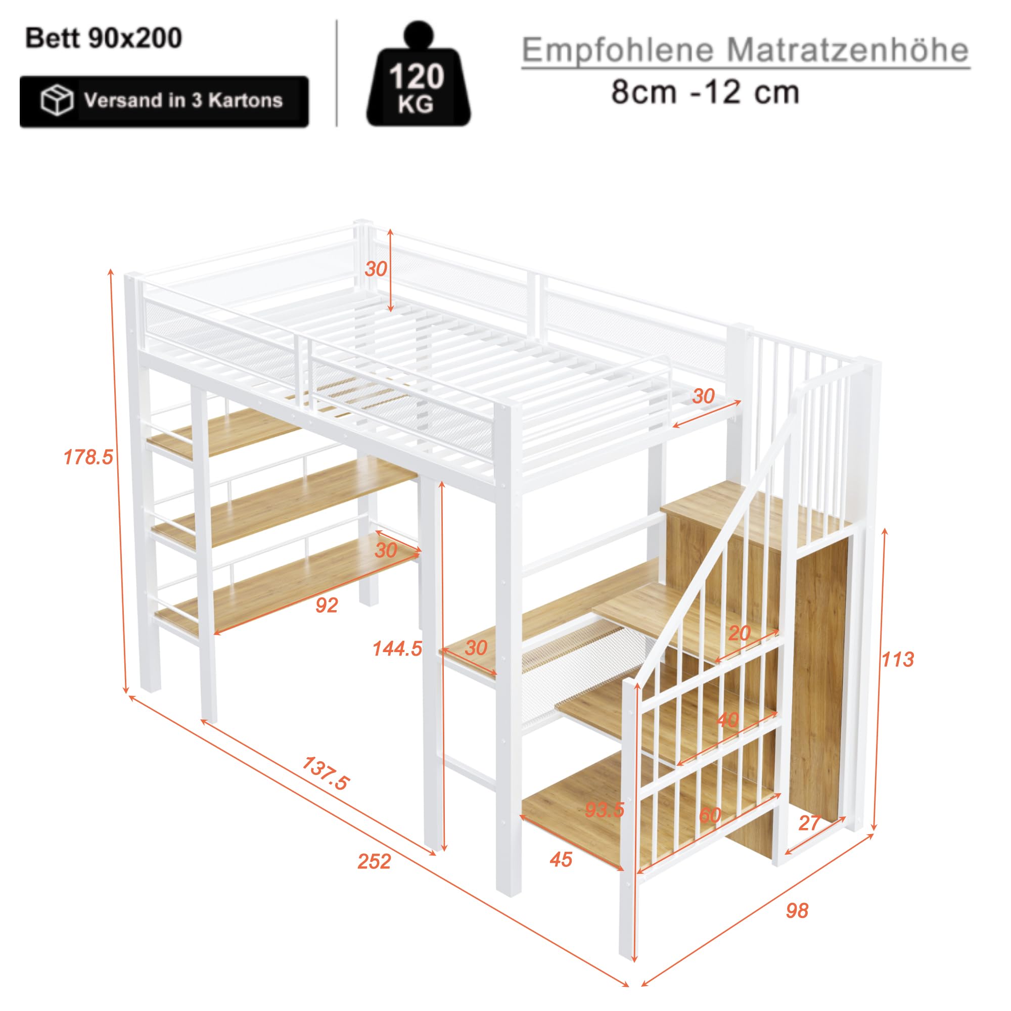 Dolamaní letto a soppalco 90x200 bianco metallo con LED