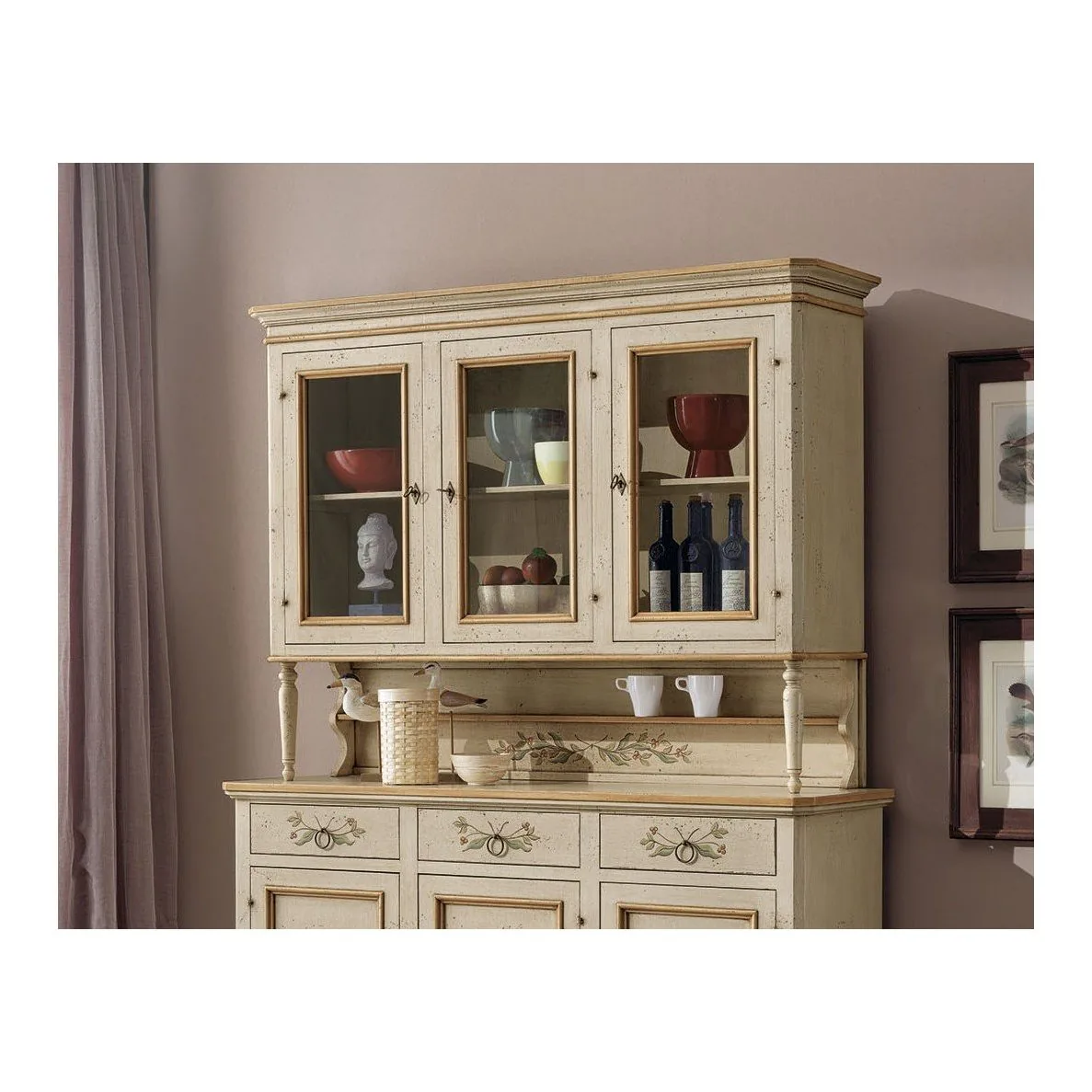 Epocantica Vetrina Alzata 3 Porte Avorio Decorata 156 cm