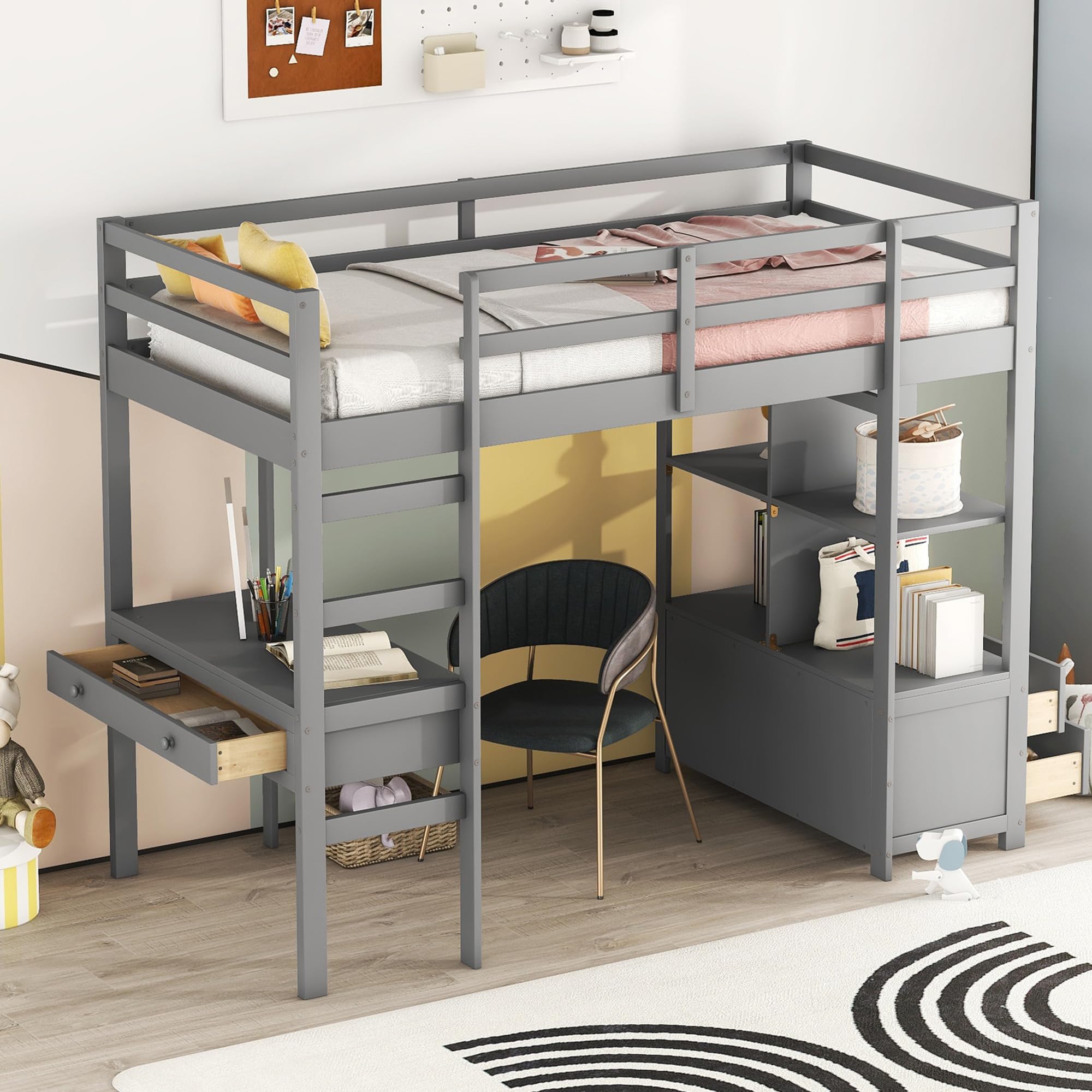Dolamaní Letto Soppalco 90x200 Grigio con Scrivania e Cassetti