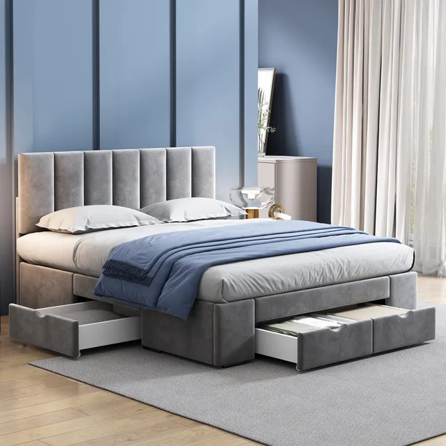 Dolamaní Letto matrimoniale 140x200 velluto grigio con 4 cassetti