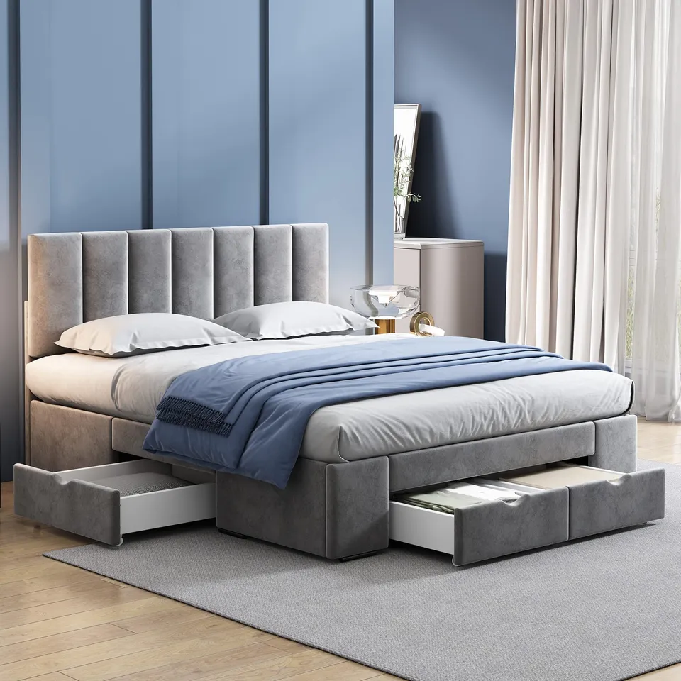 Dolamaní Letto matrimoniale 140x200 velluto grigio con 4 cassetti