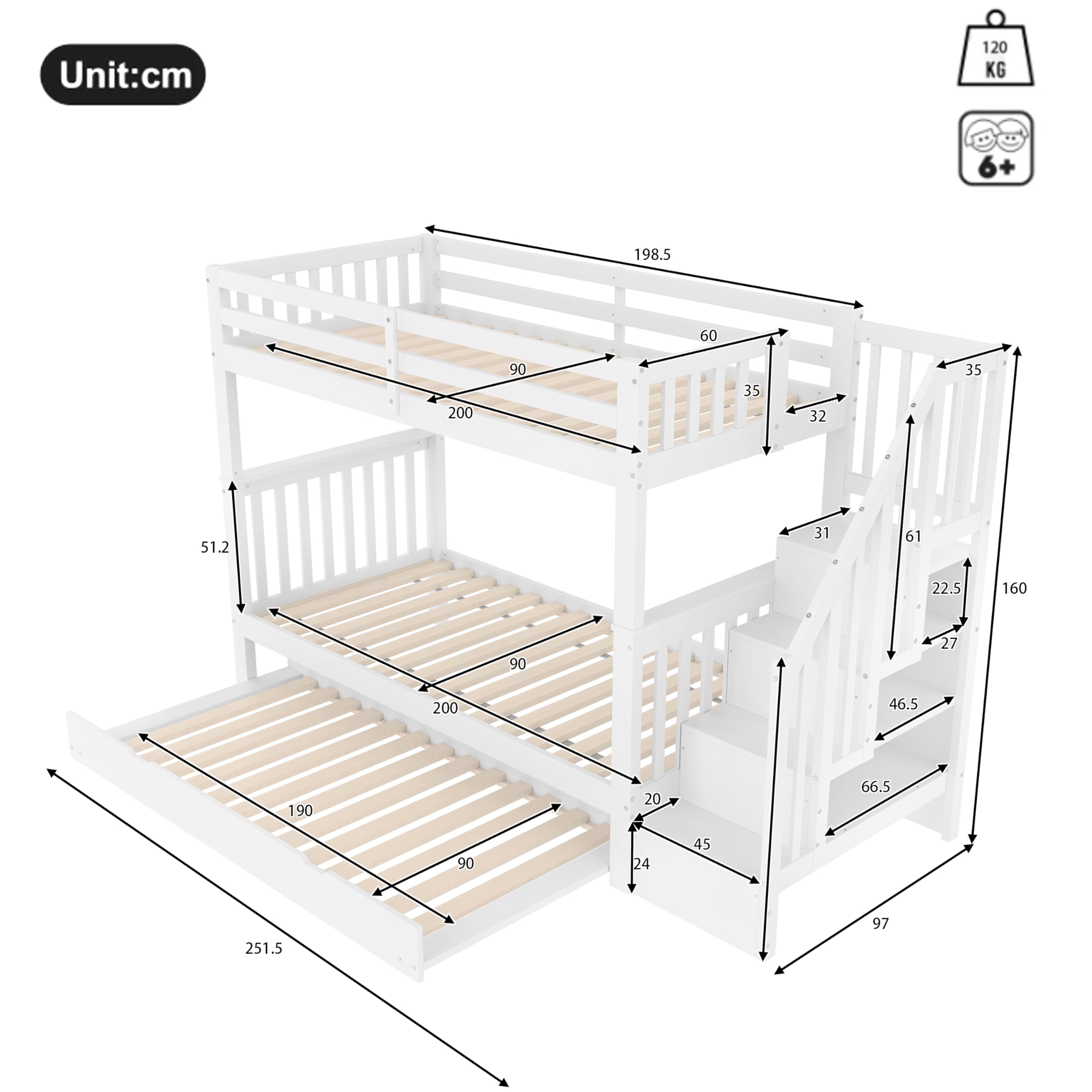 Dolamaní letto soppalco bambini 90x200 bianco estraibile