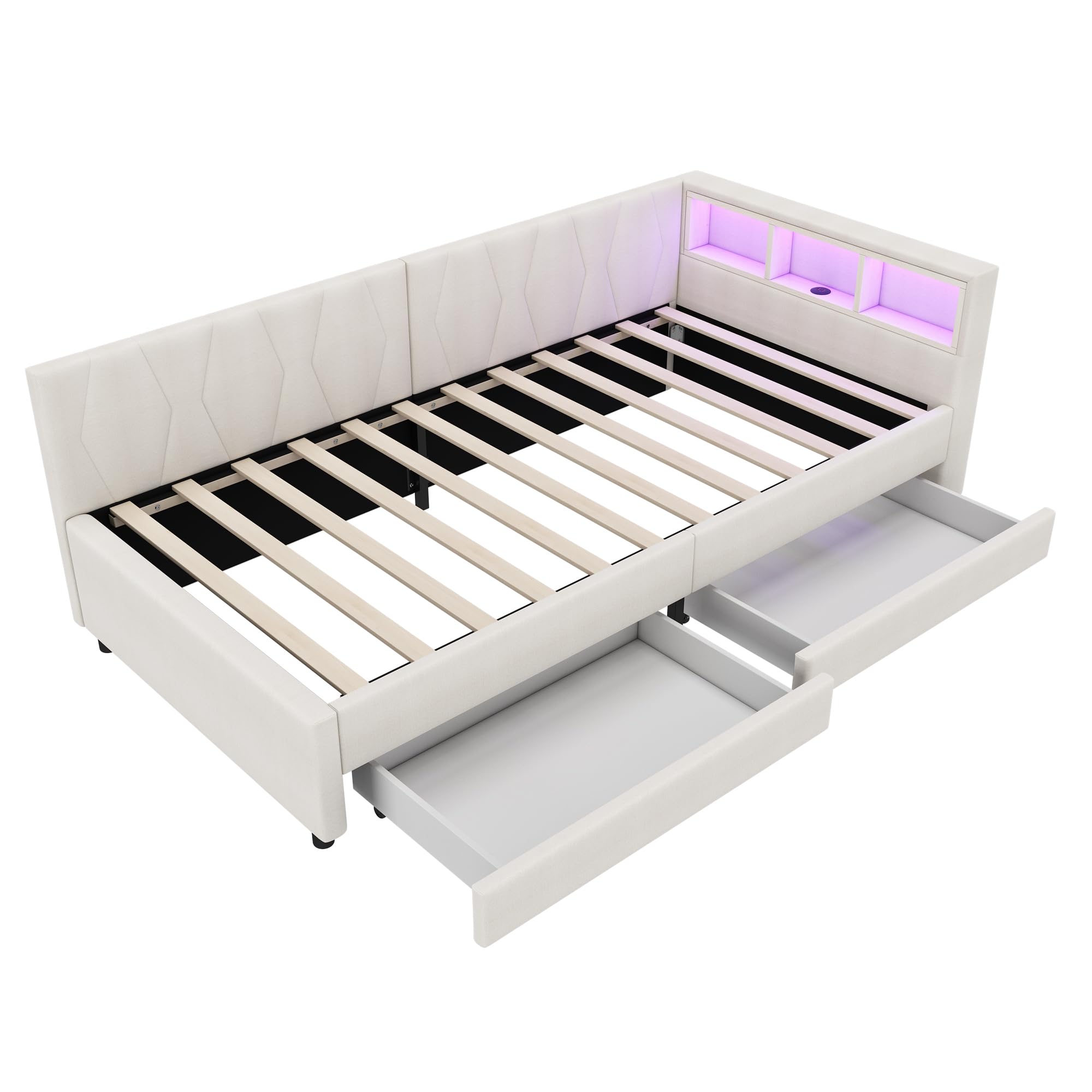 Dolamaní Letto Beige A 90x200 con Cassetti LED Lino