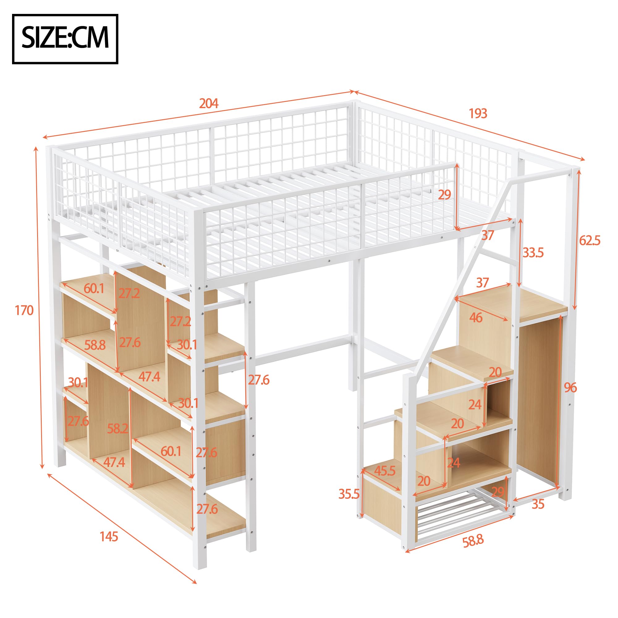 Dolamaní Letto a Soppalco 140x200 con Armadio Bianco in Metallo